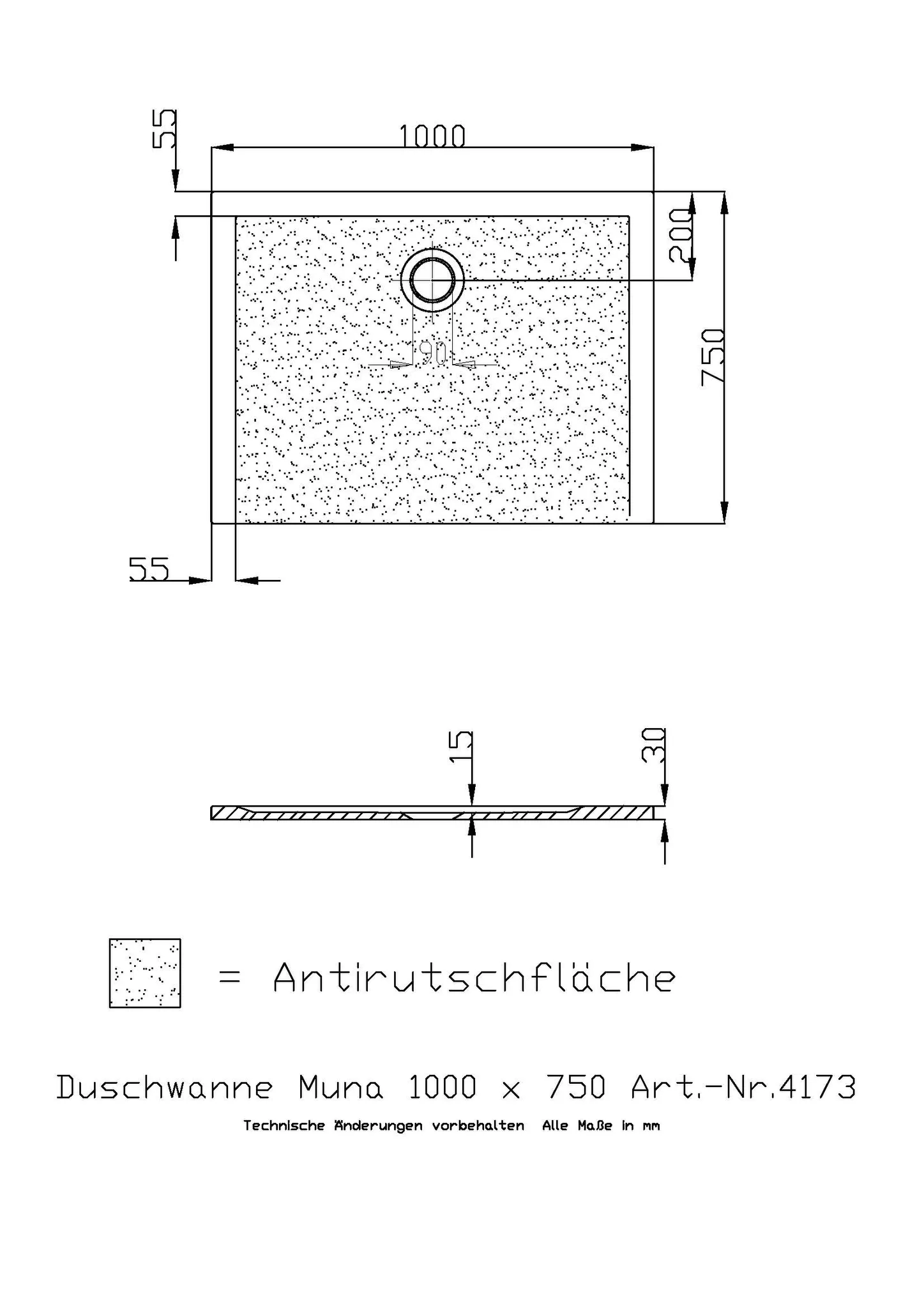 Hoesch Muna Duschwanne Mineralguss Solique, Weiß, 1000x750x30mm