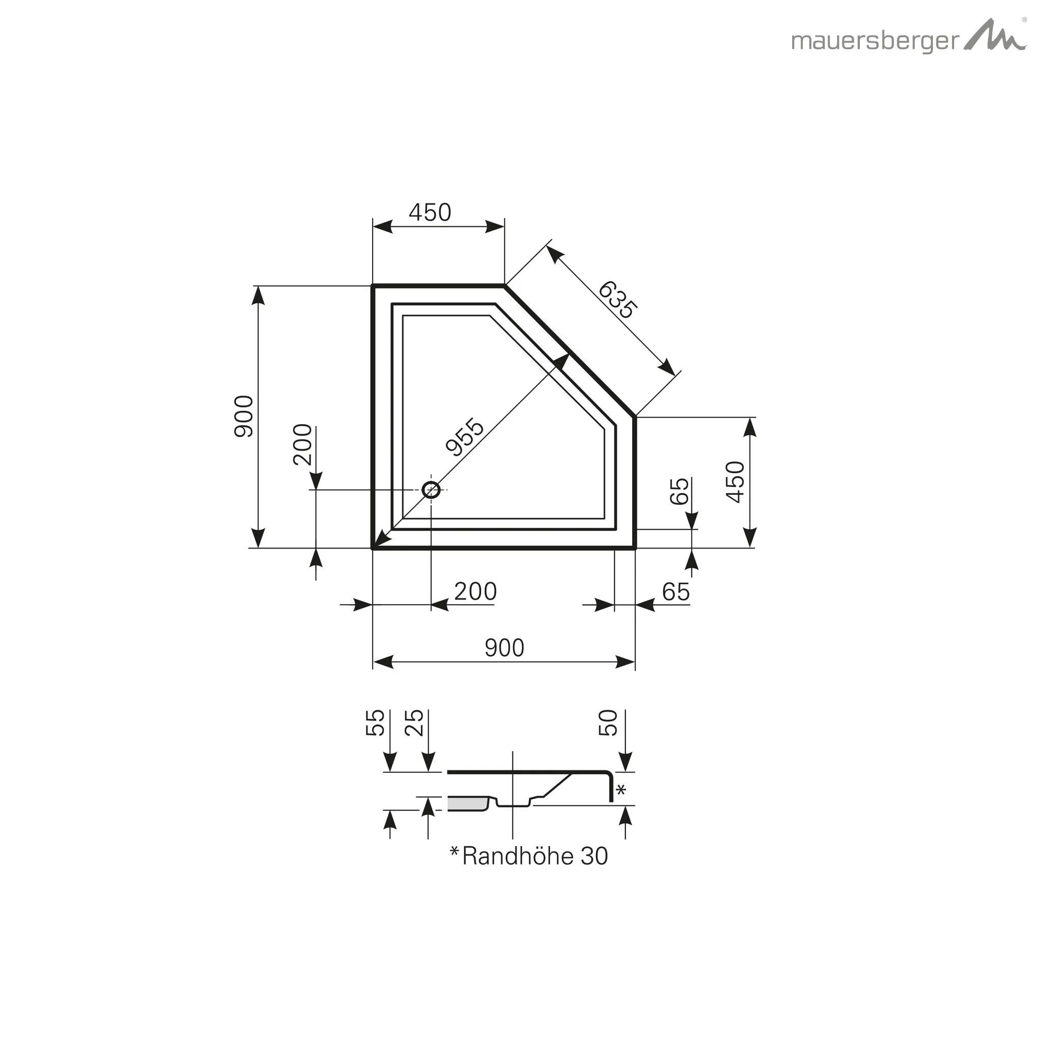Mauersberger Acryl-Duschwanne ceptor 90/45 SF 900x900(450)x55, weiß Mauersberger Acryl-Duschwanne ceptor 90/45 SF 900x900(450)x55, weiß