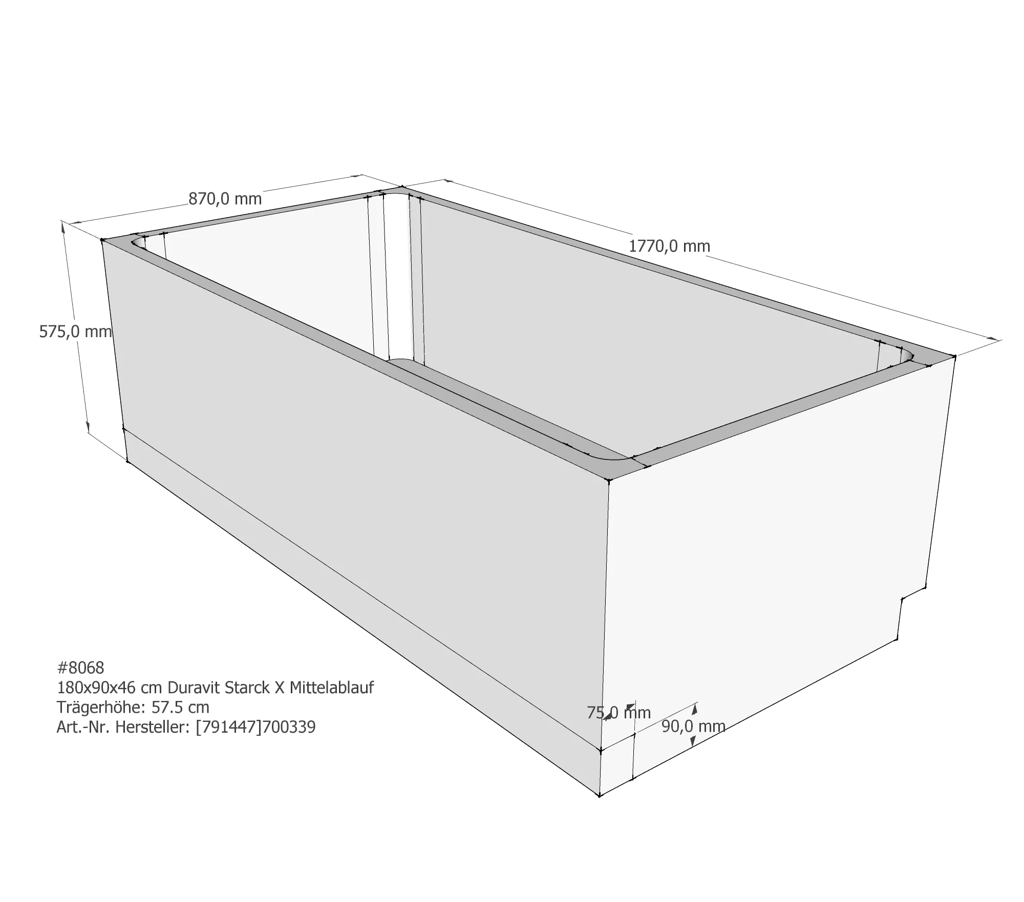 Badewannenträger passend für Duravit Starck 180 × 90 × 46 cm