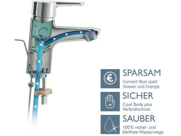 Einhand-Waschtischarmatur „ConnectBlue“ Ausladung 112 mm