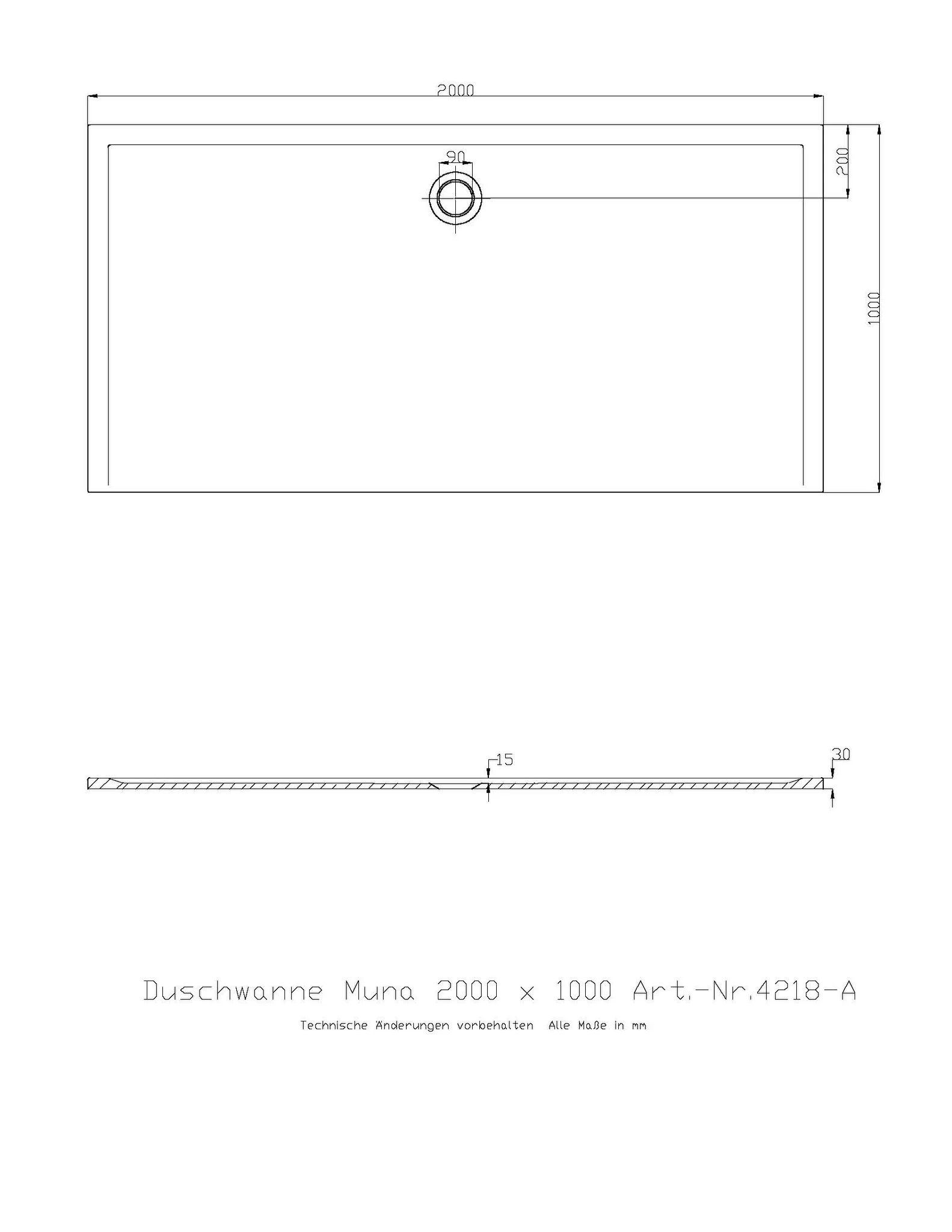 Hoesch Muna Duschwanne 2000x1000x30 ohne Antirutsch, Material Solique, Steingrau