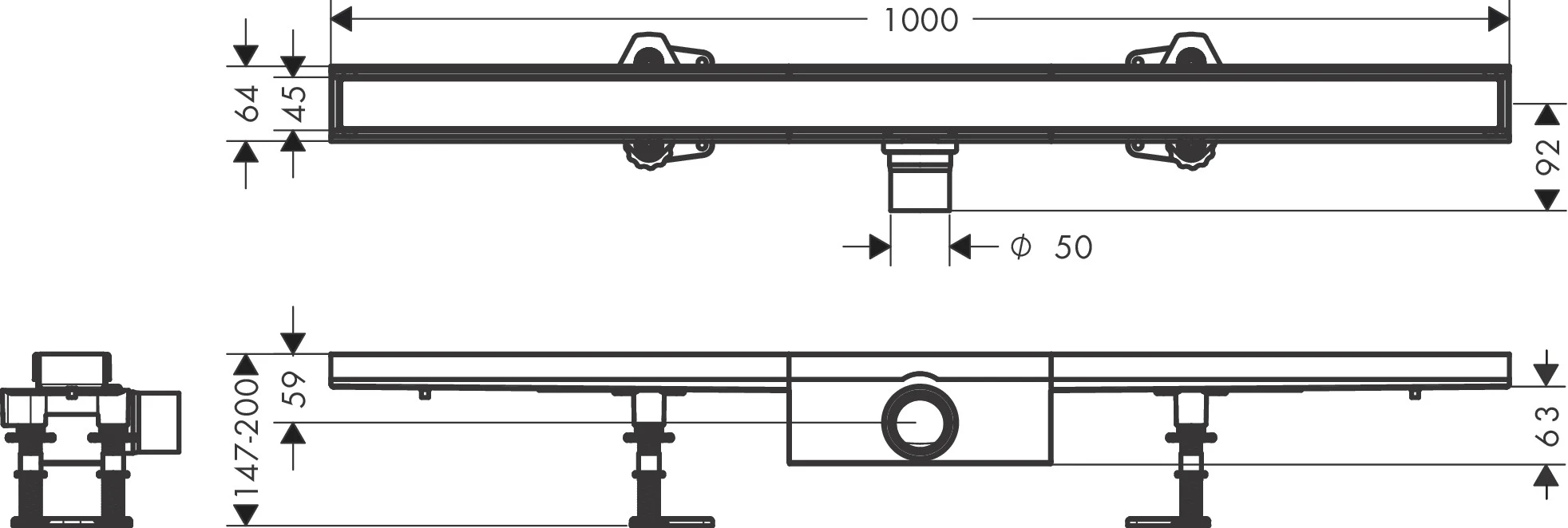 RainDrain Compact Komplettset Duschrinne 1000 befliesbar für Standardinstallation k.a.