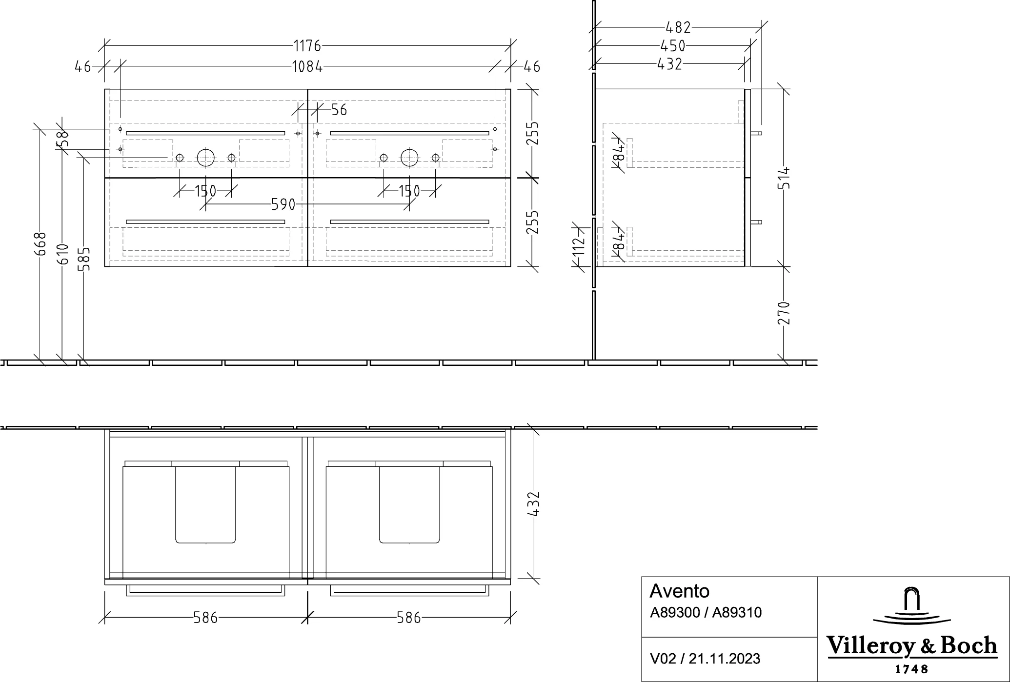 Villeroy & Boch Avento Waschbeckenunterschrank A89300, 1180 x 514 x 484 mm, Graphite
