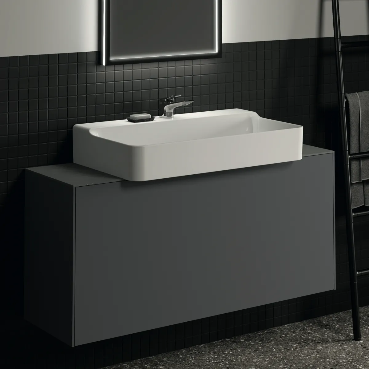 Waschtischplatte Conca, aus Keramik, 1202x373x6mm, Marmor Noir Desir