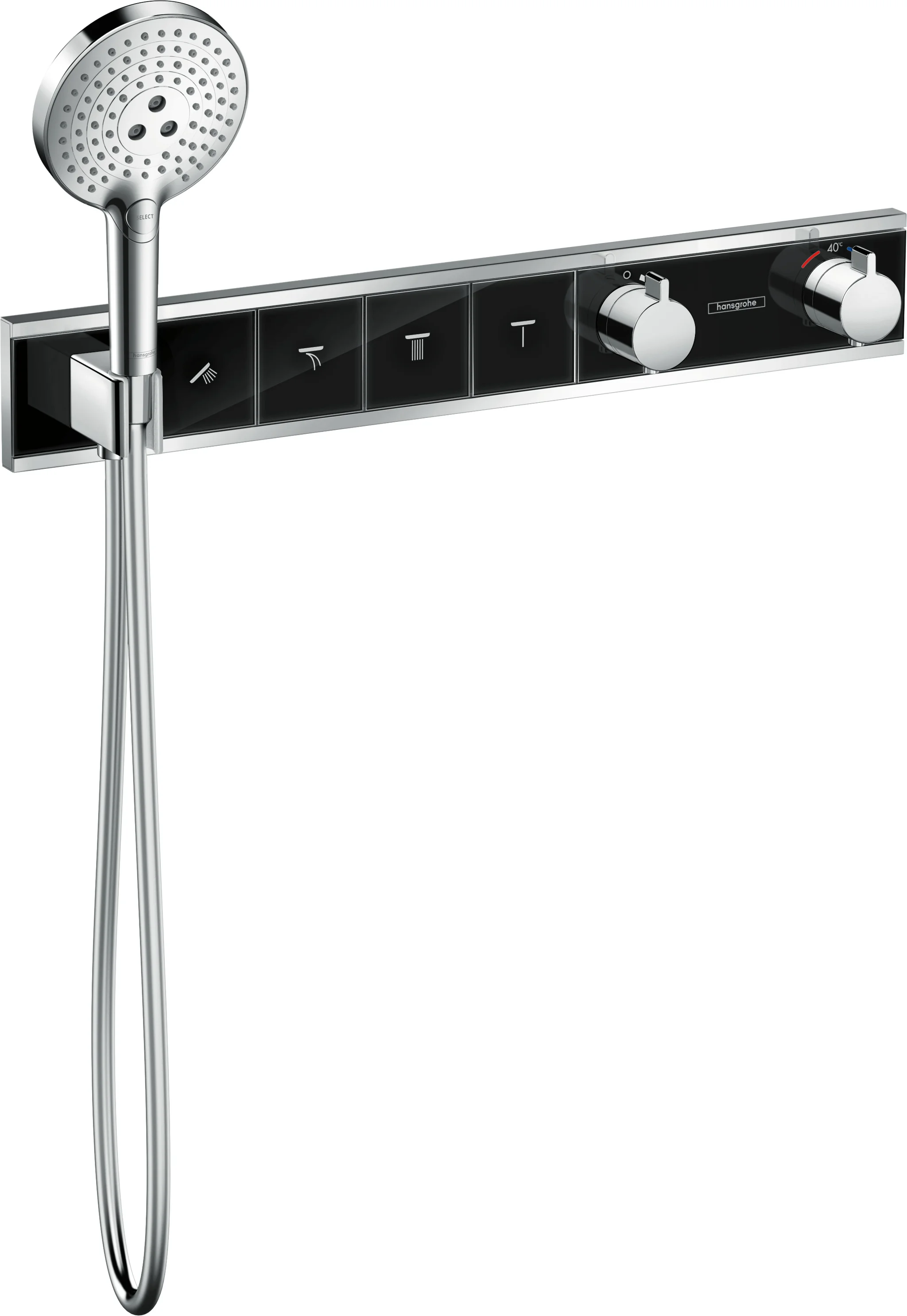 Hansgrohe RainSelect Thermostat Unterputzset, 4 Verbraucher, schwarz/chrom, mit Brausehalter und Tasten für Handbrause, Schwall, Rain groß, MonoRain Hansgrohe RainSelect Thermostat Unterputzset, 4 Verbraucher, schwarz/chrom, mit Brausehalter und Tasten für Handbrause, Schwall, Rain groß, MonoRain