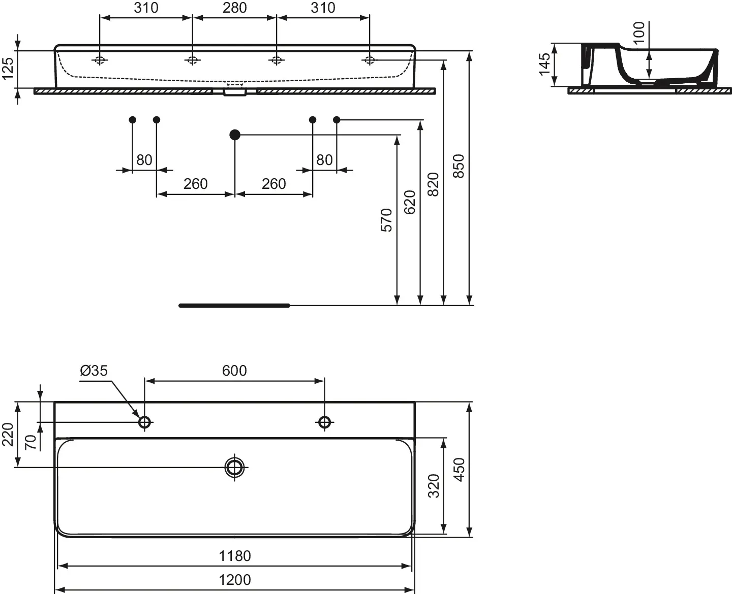 Waschbecken „Conca“ 120 × 45 × 14,5 cm, Hahnlochposition links und rechts in Weiß