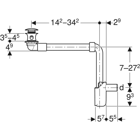 Waschbeckenablauf Raumsparmodell, schmale Ausführung, mit Außenventilstopfen mit Druckbetätigung: d=40mm, G=1 1/4″, hochglanz-verchromt