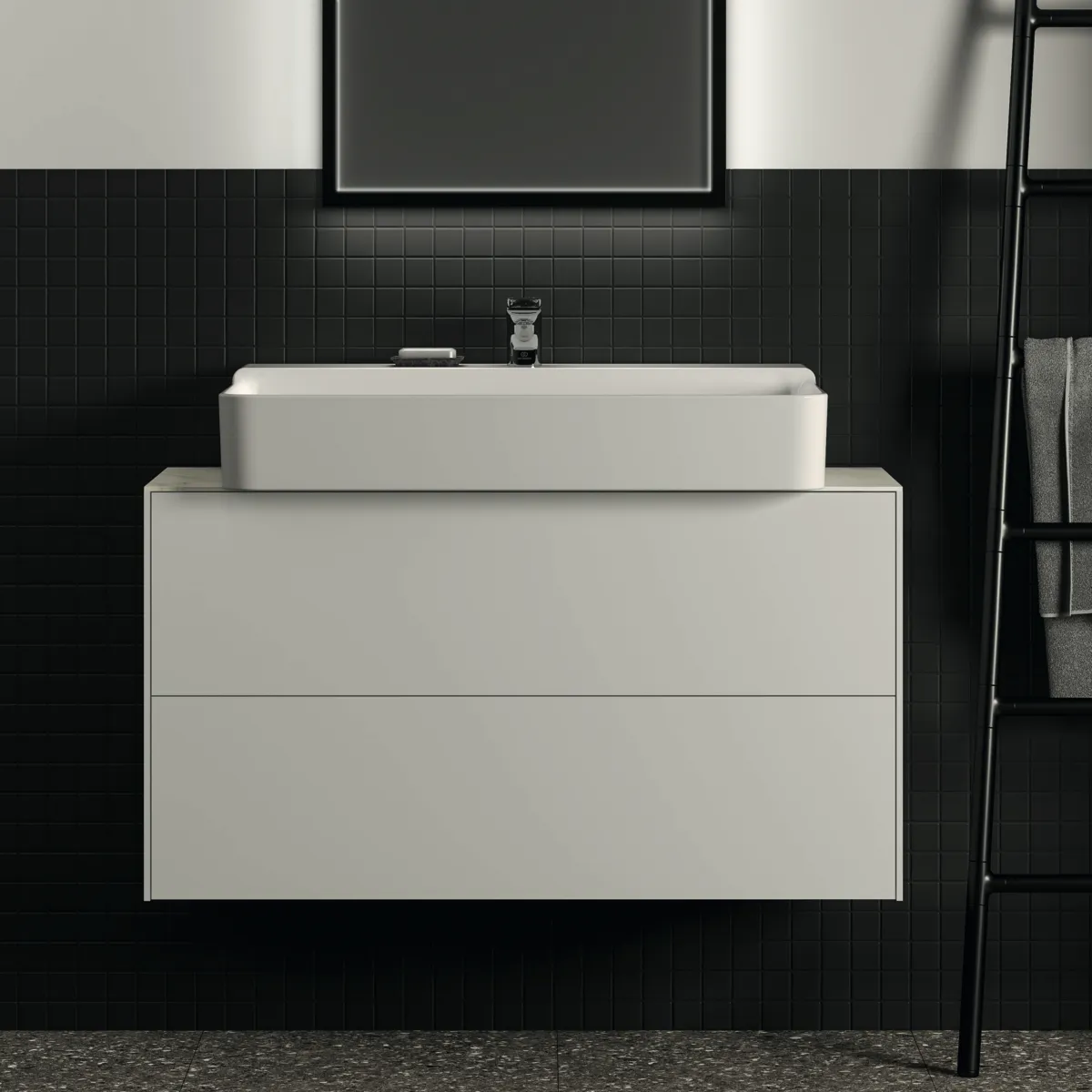 Waschtischplatte Conca, aus Keramik, 1002x373x6mm, Marmor Noir Desir