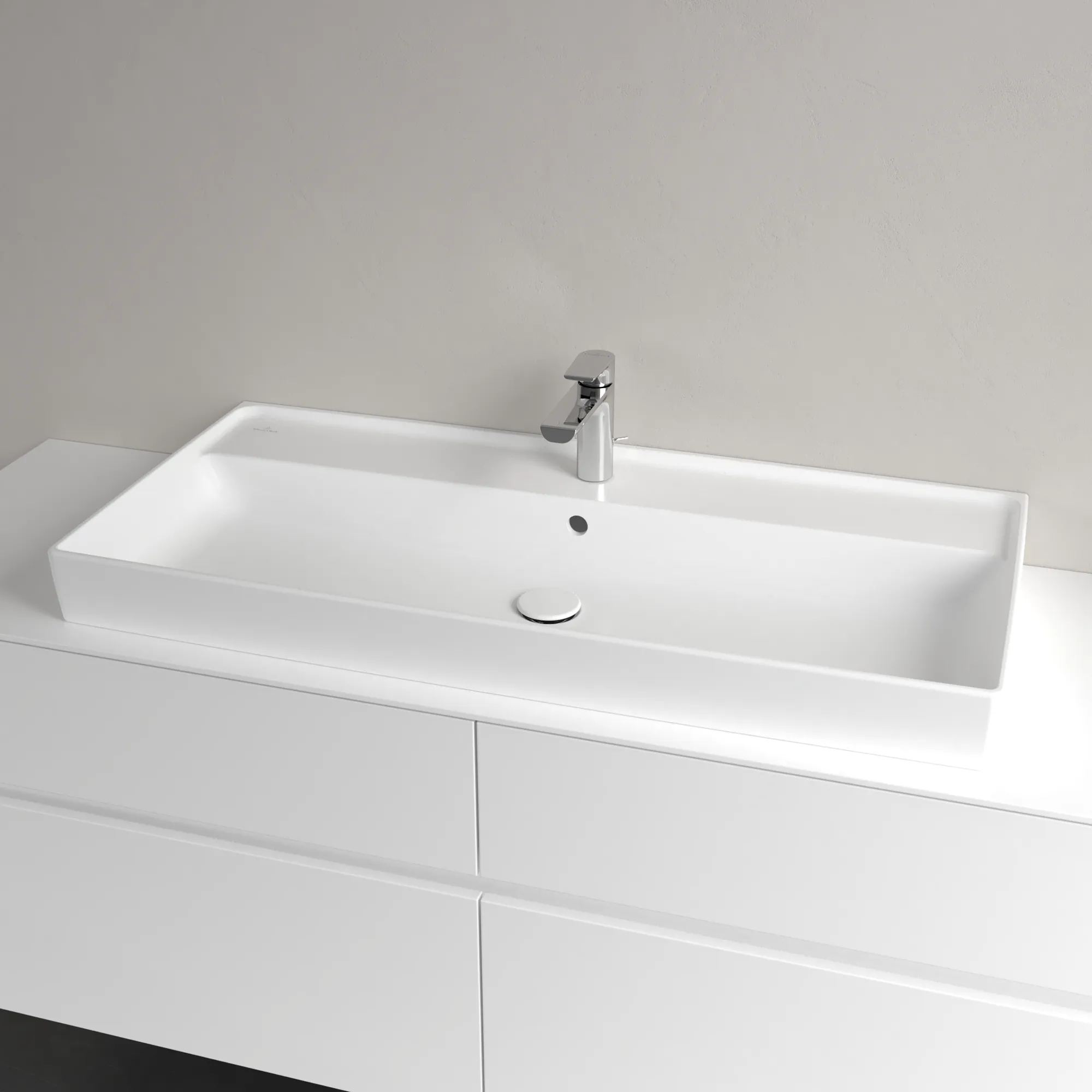 Villeroy & Boch Schrankwaschtisch aus TitanCeram geschliffen „Collaro“ 1000 × 470 × 160 mm, mit Hahnlochbohrung, Hahnlochposition mittig in Stone White