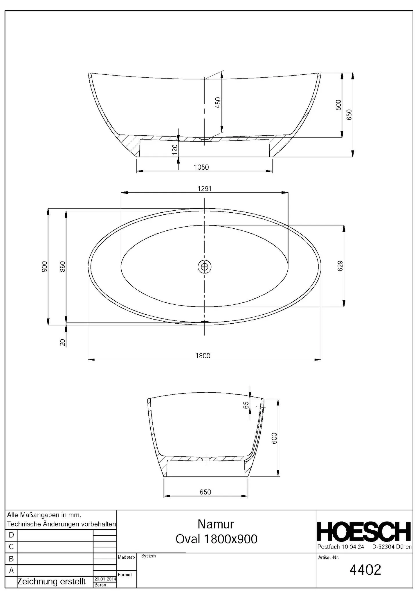 Hoesch Badewanne „Namur“ freistehend oval 180 × 90 cm in Weiß-Schwarz