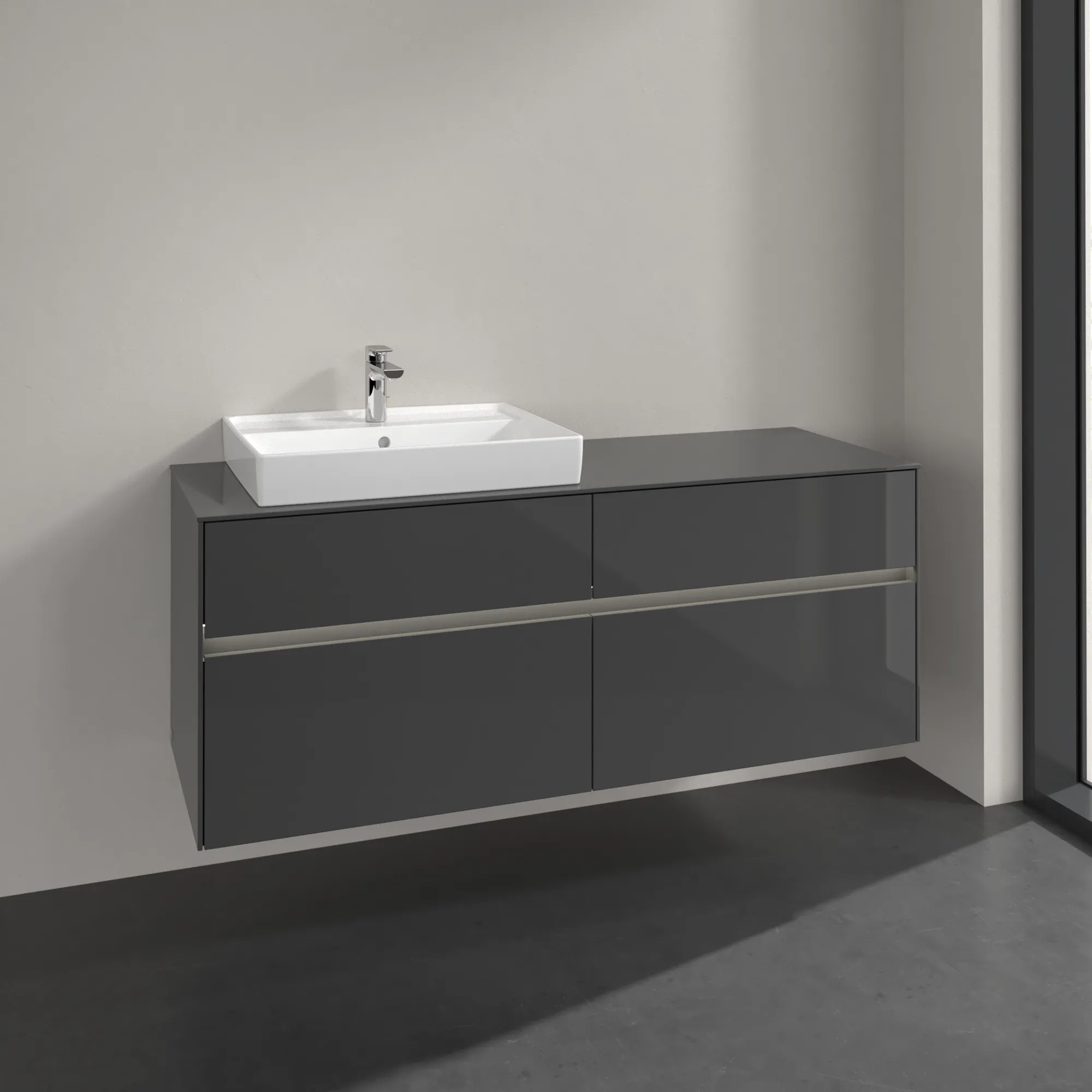 Villeroy & Boch Waschtischunterschrank „Collaro“ 1400 × 548 × 500 mm Glossy Grey, mit Beleuchtung, für Becken links