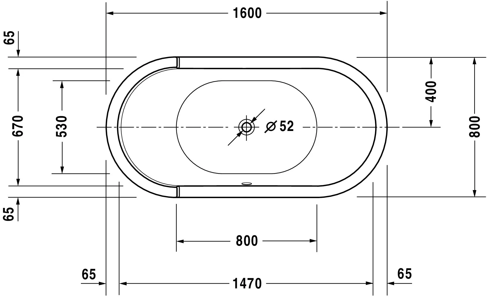 Duravit Badewanne „Starck“ freistehend oval 1600 × 800 mm, Mittelablauf in Weiß Duravit Badewanne „Starck“ freistehend oval 1600 × 800 mm, Mittelablauf in Weiß