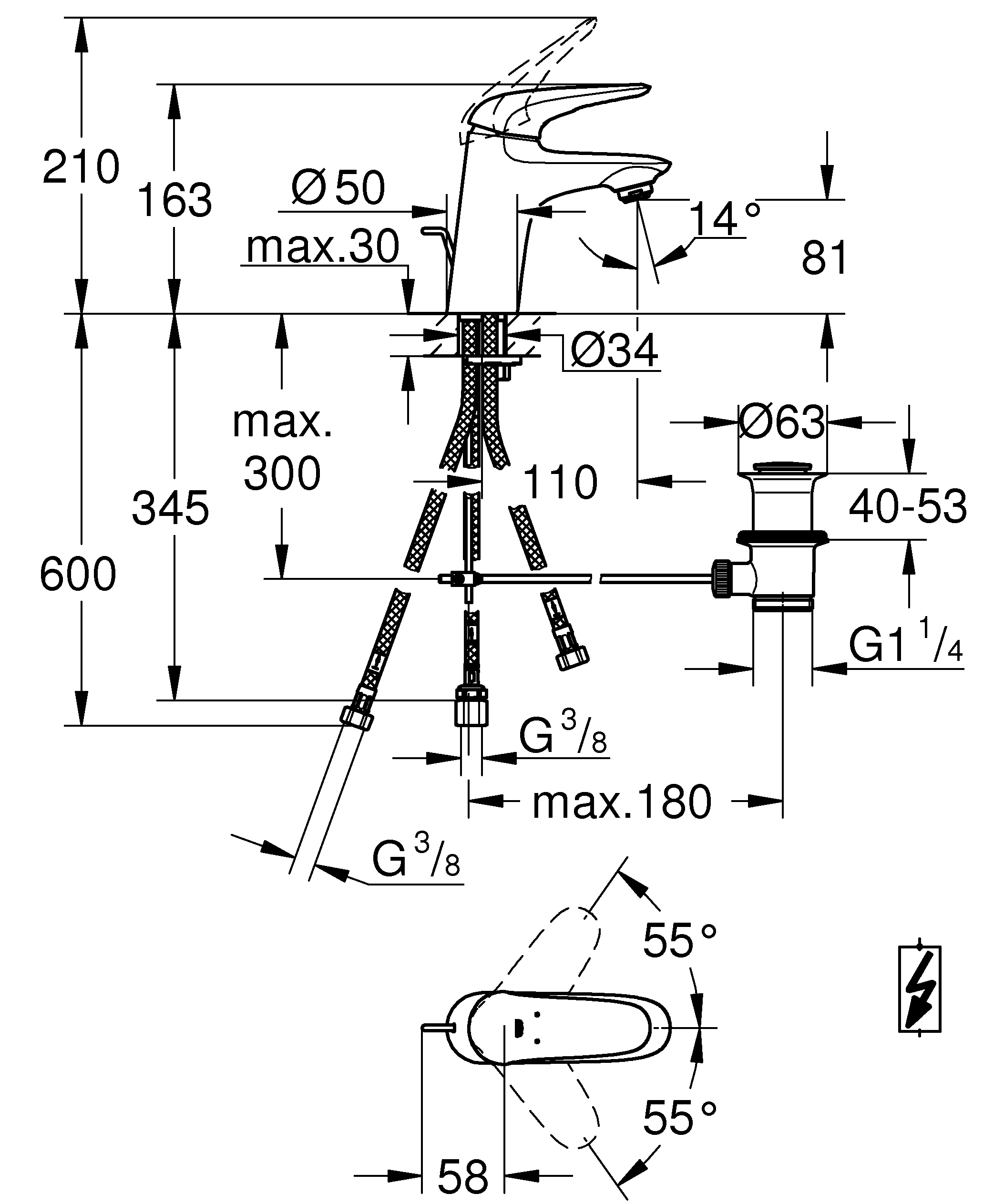 Einhand-Waschtischbatterie Eurostyle 23710_3, S-Size, Einlochmontage, geschlossener Metall-Hebelgriff, Niederdruck für offene Warmwasserbereiter, Zugstangen-Ablaufgarnitur 1 1/4'', chrom