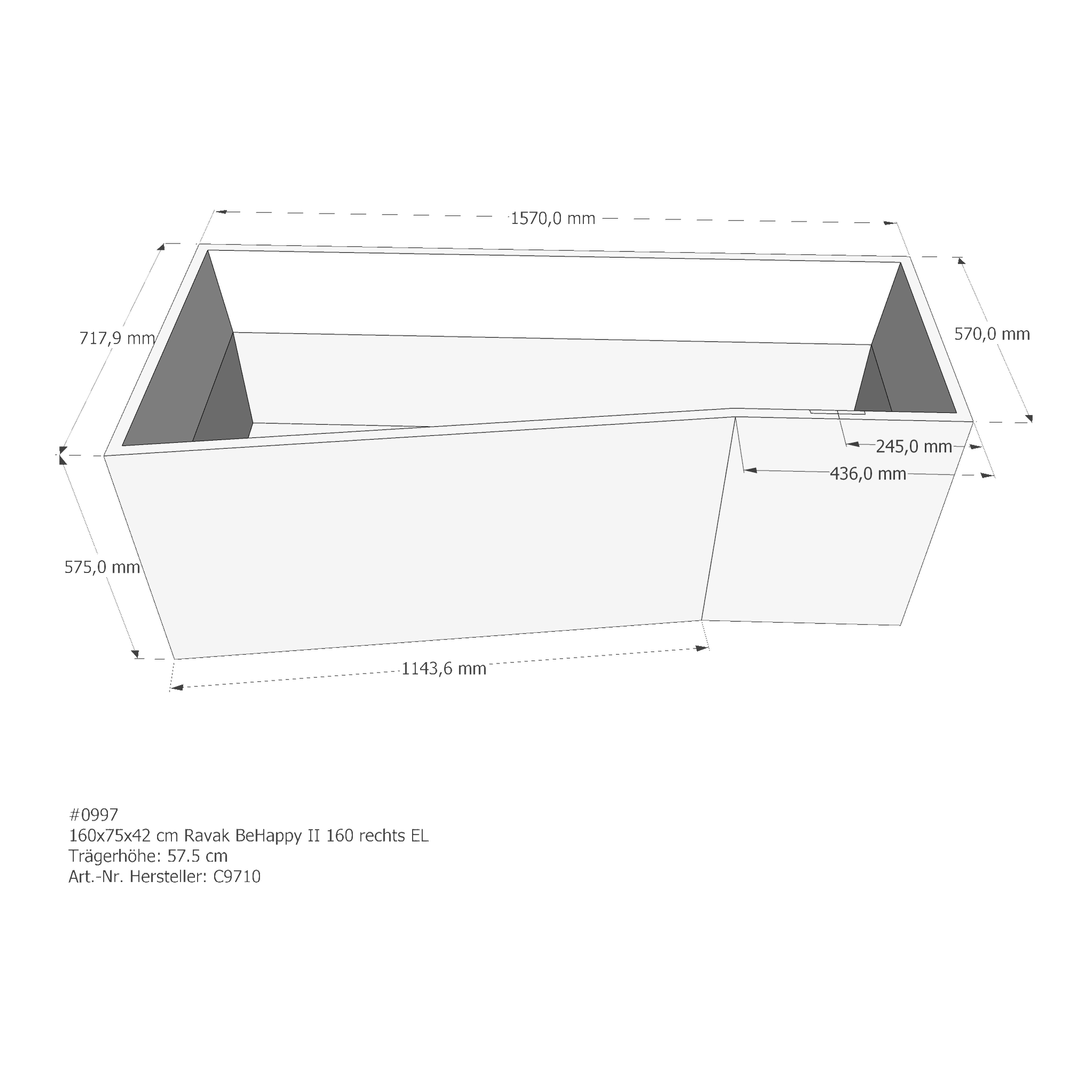 Badewannenträger für Ravak BeHappy II 160 rechts 160 × 75 × 42 cm