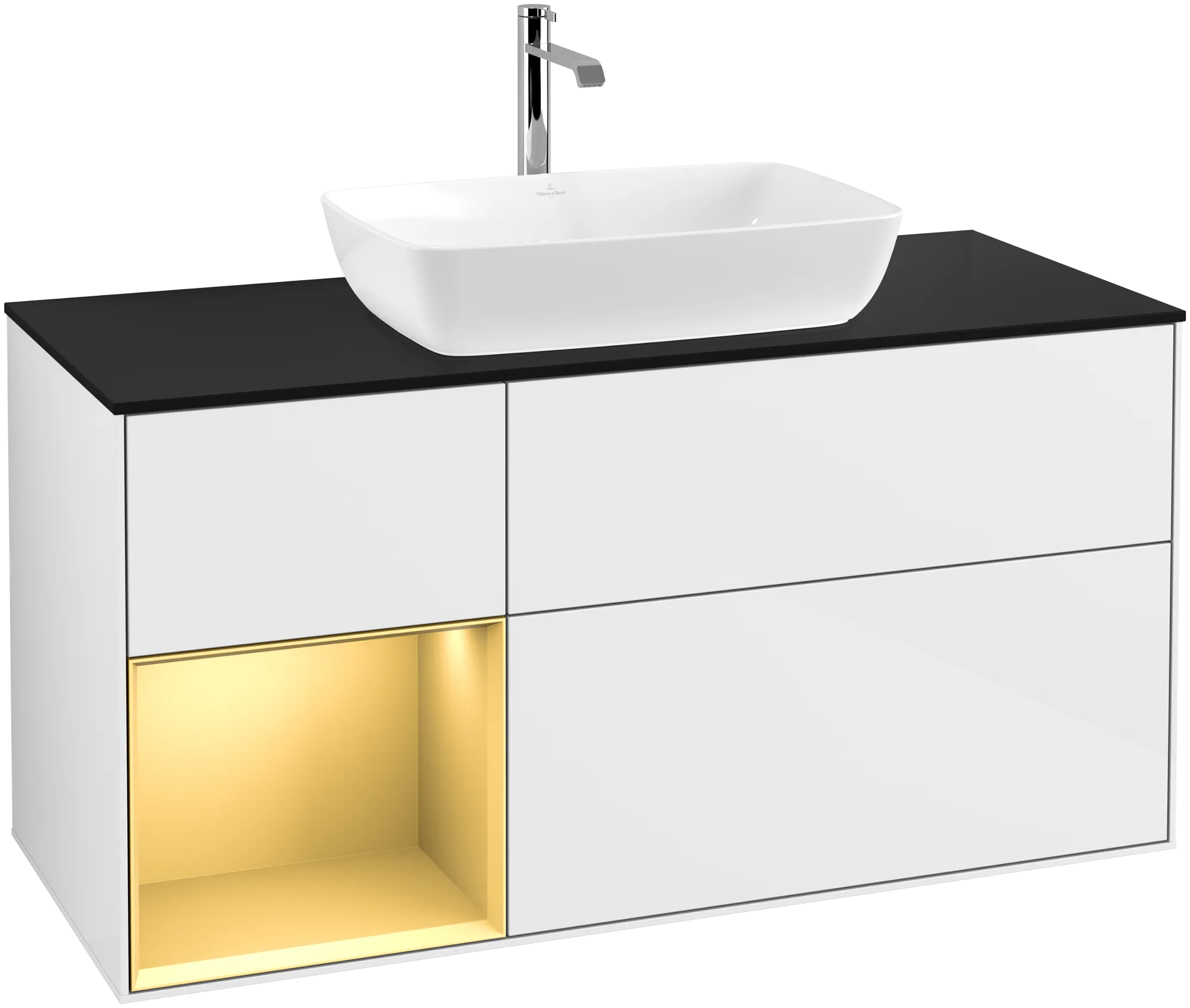 Villeroy & Boch Waschbeckenunterschrank Finion G82, 1200x603x501mm, Glossy White Lacquer / Gold Matt Lacquer / Glass Black Matt