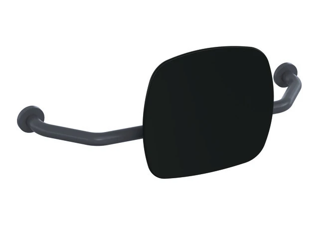 Rückenstütze, Polyamid, matt, Lehne aus Kunststoff in Farbe 90 (Tiefschwarz), Breite 650 bis 750 mm, Tiefe 230 mm, Lehne 334 mm hoch und 370 mm breit, Stangendurchmesser 33 mm, Montage an der Wand mit Rosetten, in Farbe 99 (Reinweiß)