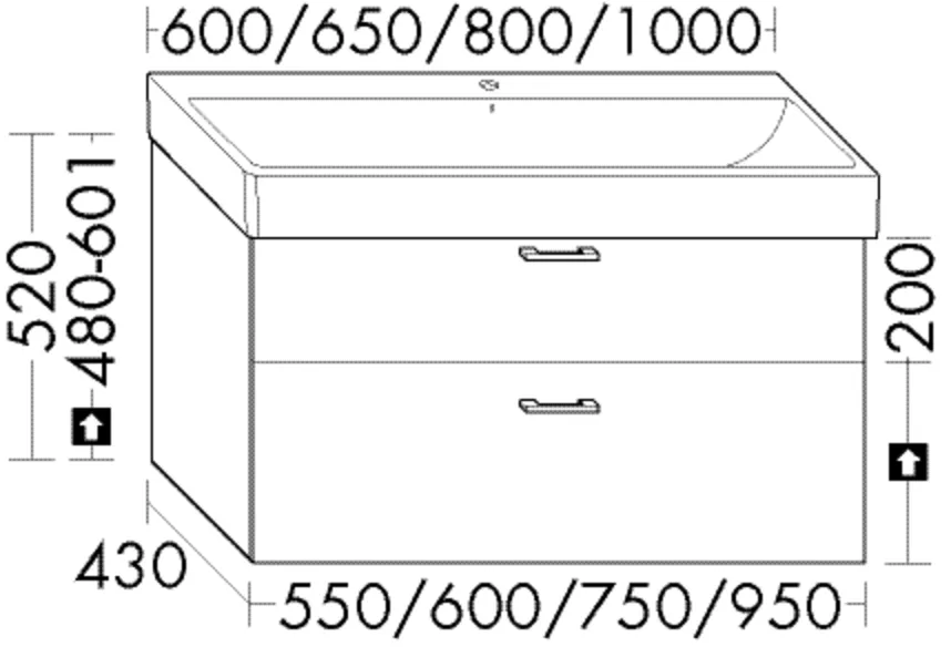 Waschtischunterschrank Sys30 PG1 Aqua von burgbad – 430 mm tief, 550 mm breit, 520 mm hoch mit 1 Schublade oben und 1 Auszug unten