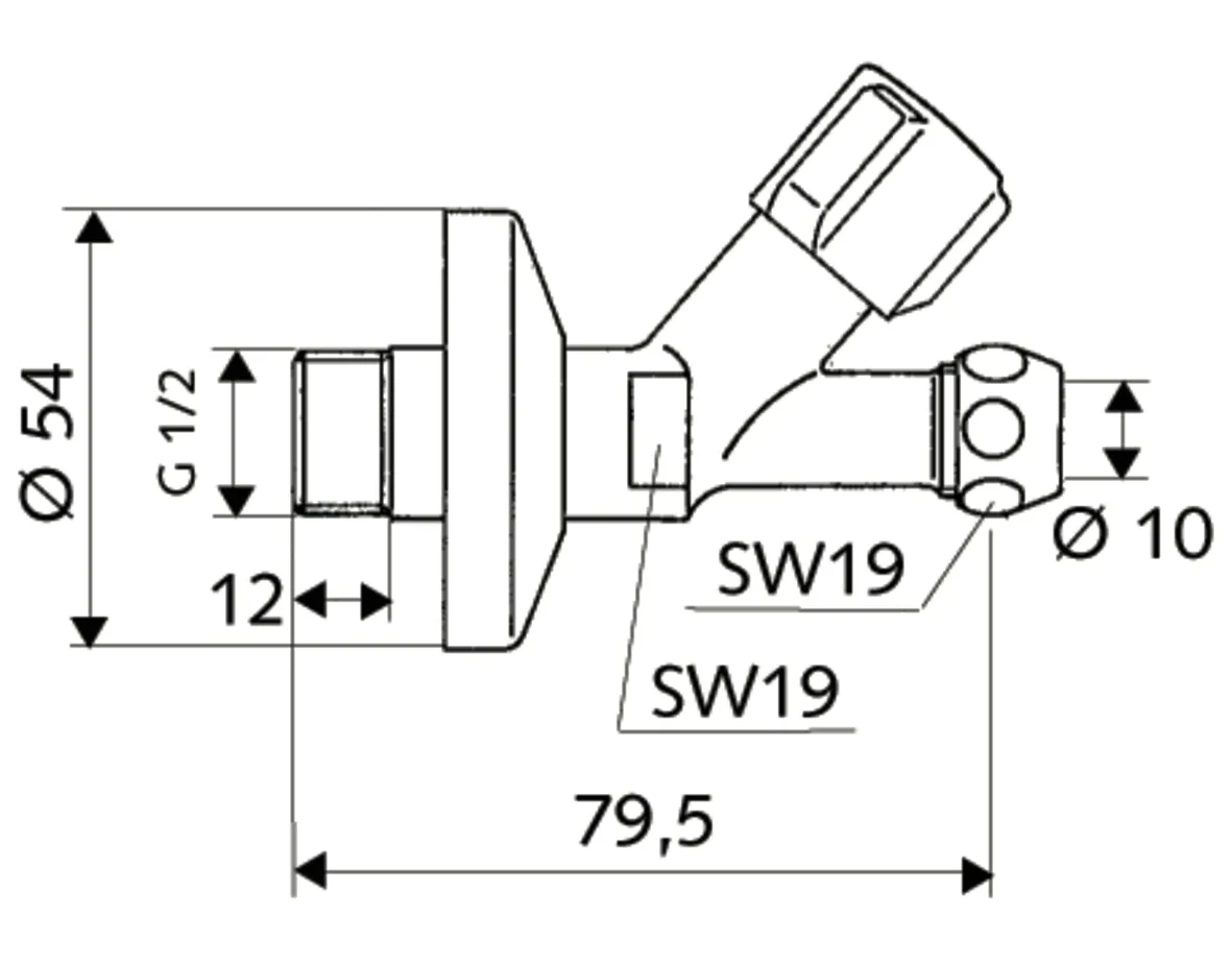 Schrägsitzventil COMFORT, COMFORT-Griff, Schubrosette Ø 54 mm, DN 15 G 1/2 AG, Ø 10 mm (DN 10 G 3/8 AG), chrom Schrägsitzventil COMFORT, COMFORT-Griff, Schubrosette Ø 54 mm, DN 15 G 1/2 AG, Ø 10 mm (DN 10 G 3/8 AG), chrom