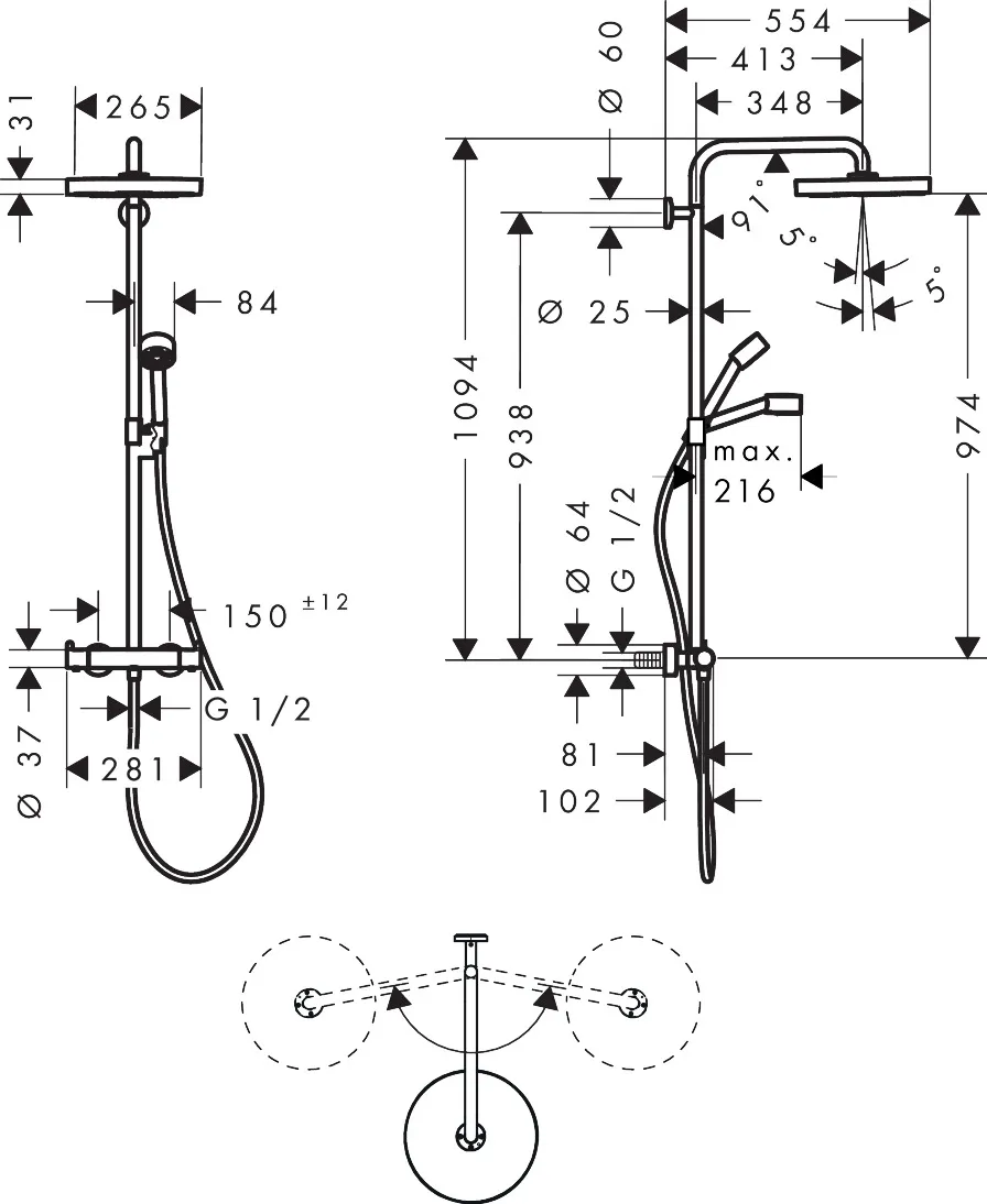 AXOR One Showerpipe mit Thermostat und Kopfbrause 280 1jet, Chrom