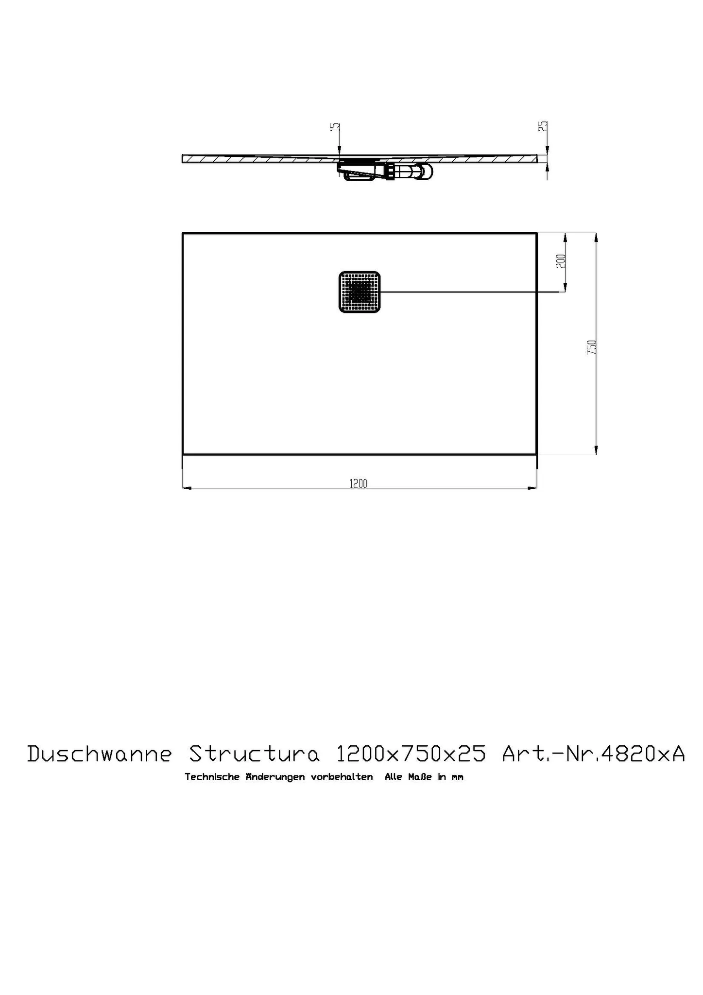 Duschwanne Structura 1200x750x25 in gesoftete Schieferoptik, mit Antirutsch B, Material Solique, Weiß