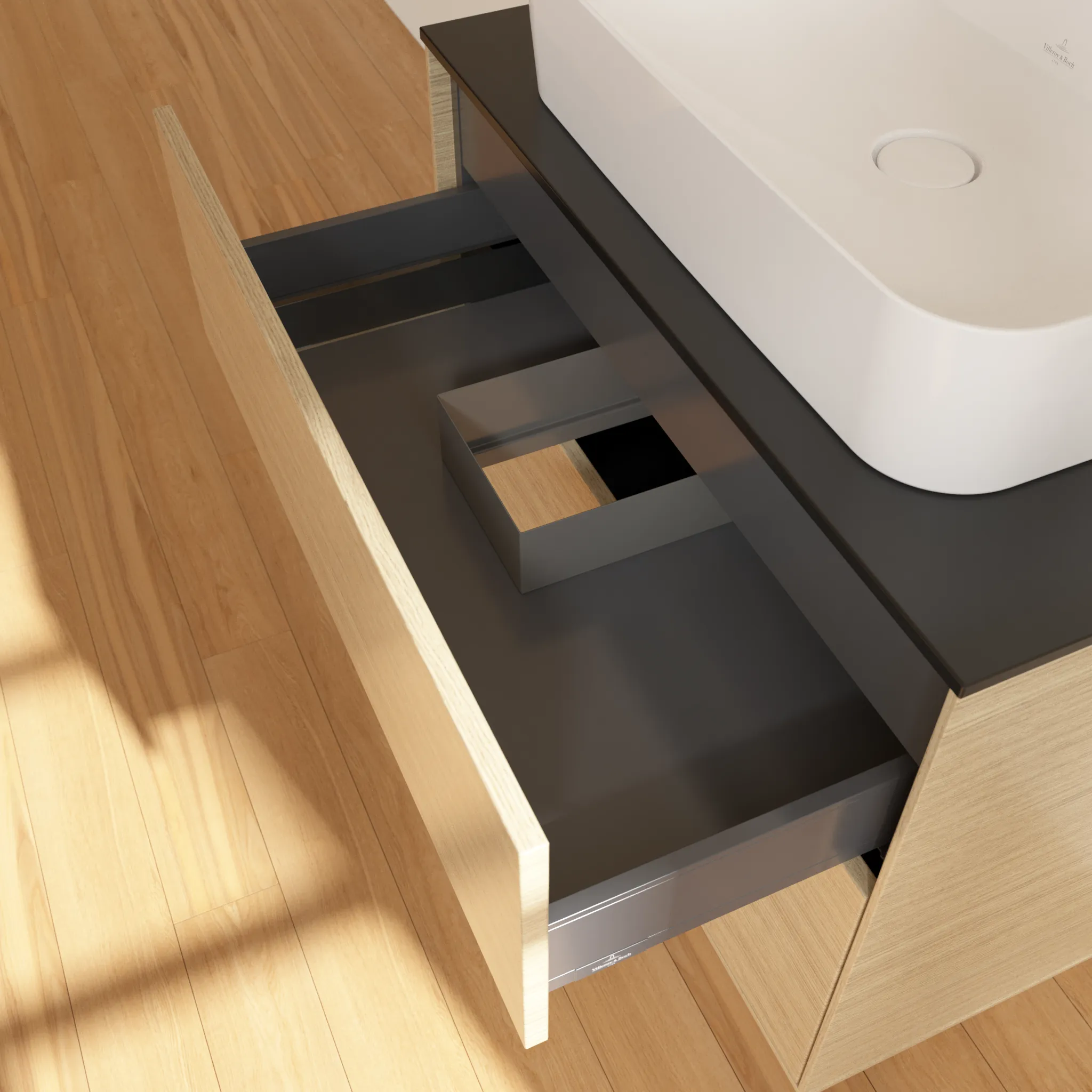 Villeroy & Boch Waschbeckenunterschrank Finion F09, Eckig Oak Veneer mit Glass Black Matt Abdeckplatte, 800 x 603 x 501 mm, 2 Auszüge mit SoftClosing und Push-to-open Funktion Villeroy & Boch Waschbeckenunterschrank Finion F09, Eckig Oak Veneer mit Glass Black Matt Abdeckplatte, 800 x 603 x 501 mm, 2 Auszüge mit SoftClosing und Push-to-open Funktion