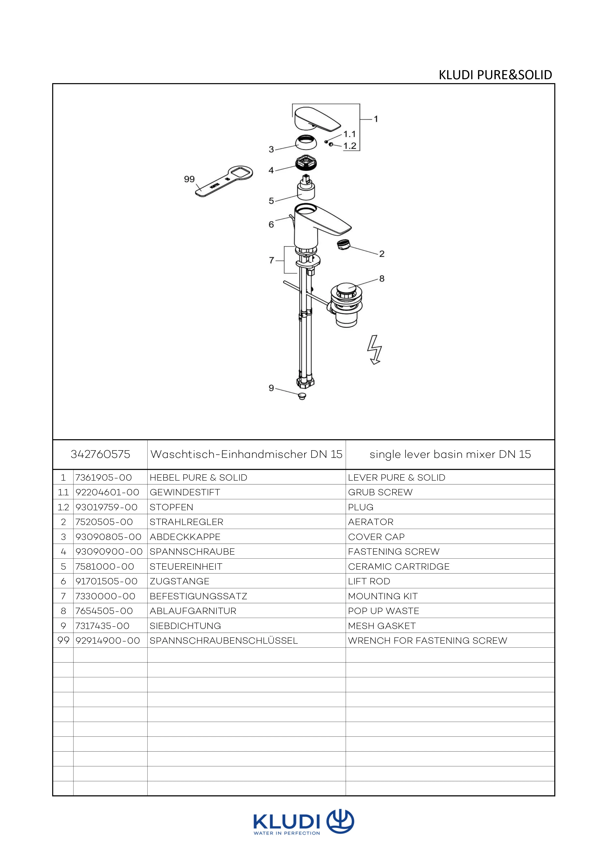 PURE & SOLID WT-EHM 75 Niederdruck mit Metallablaufg. chrom