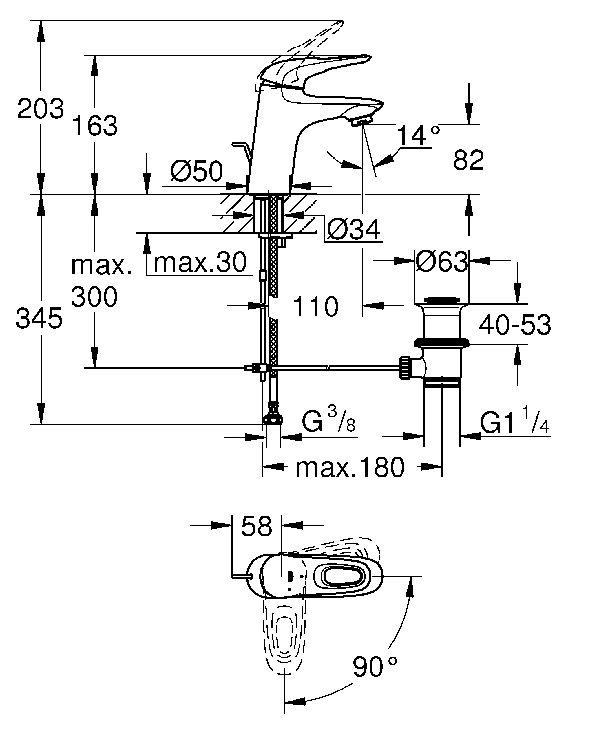 Einhand-Waschtischbatterie Eurostyle 23374_3, S-Size, Einlochmontage, offener Metall-Hebelgriff, Energie-Spar-Funktion Mittelstellung kalt, Zugstangen-Ablaufgarnitur 1 1/4'', chrom