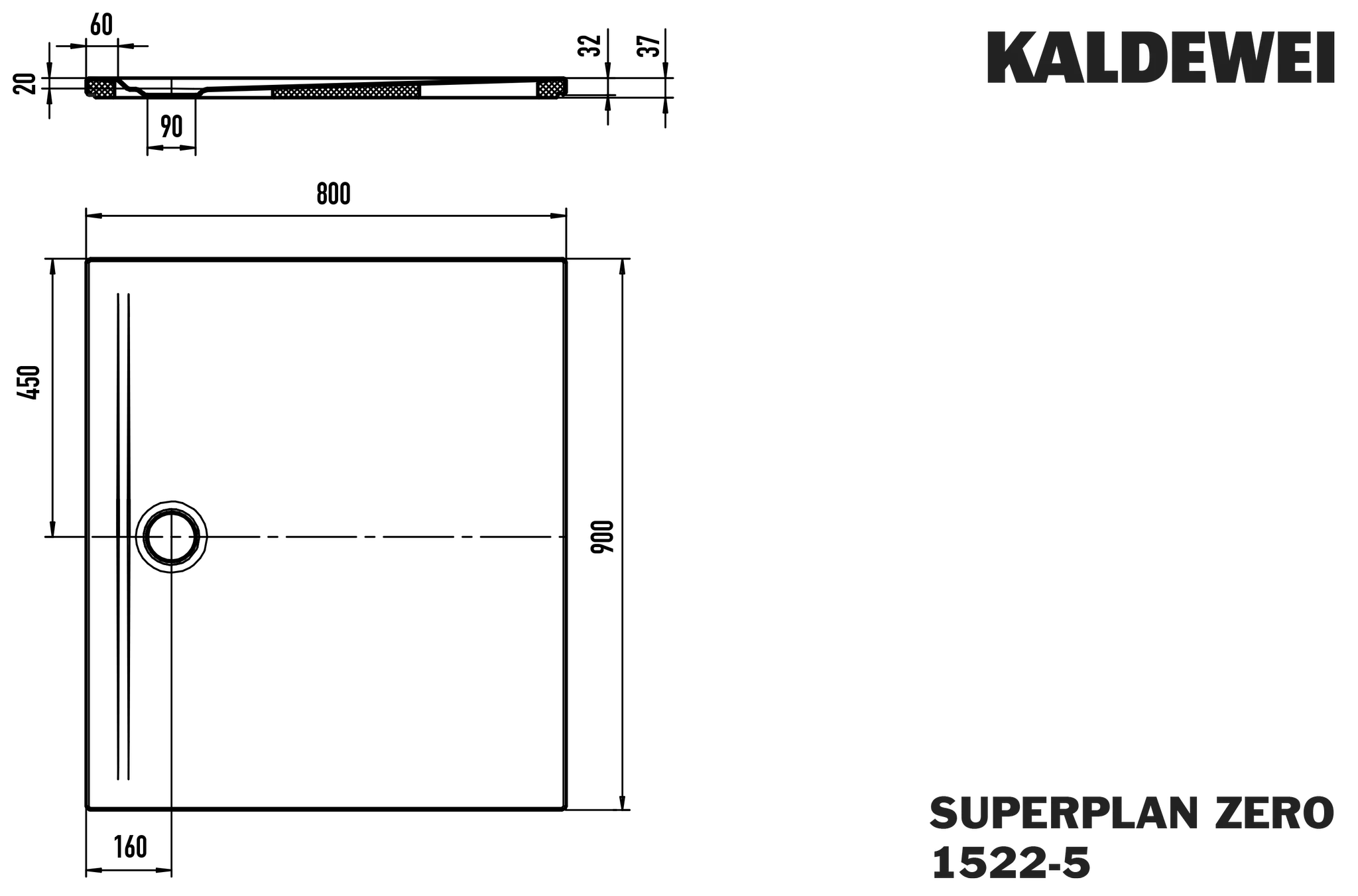 Kaldewei SUPERPLAN ZERO Duschfläche, extraflach, 800x900 mm, schwarz matt, 20 mm Tiefe