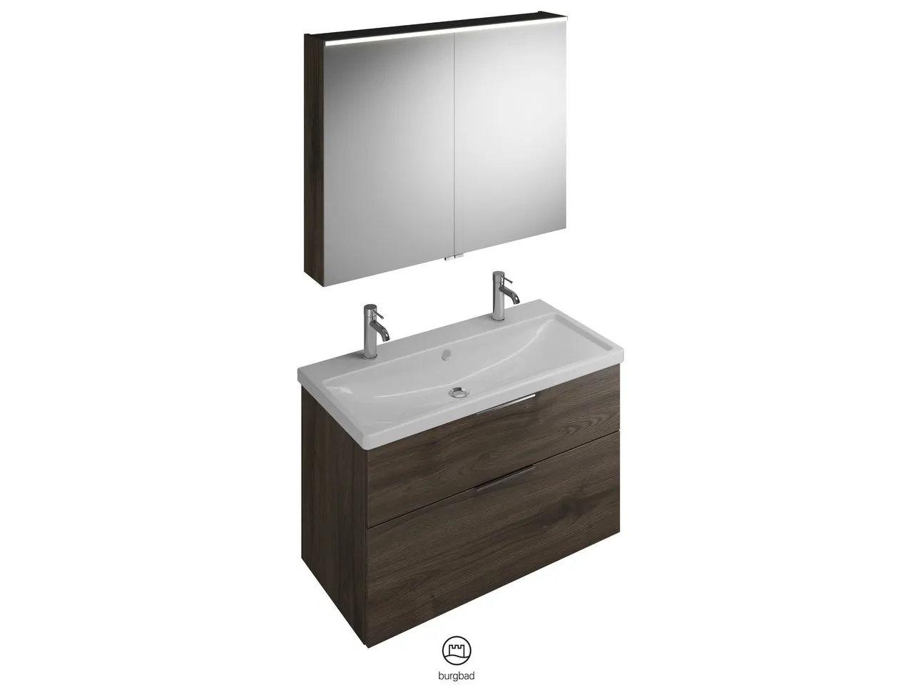 burgbad Badmöbelset Keramik-Waschtisch inkl. Waschtischunterschrank und Spiegelschrank „Eqio“ 103 cm Stangengriff, Schwarz Matt (140 / 397 mm), in Grau Hochglanz burgbad Badmöbelset Keramik-Waschtisch inkl. Waschtischunterschrank und Spiegelschrank „Eqio“ 103 cm Stangengriff, Schwarz Matt (140 / 397 mm), in Grau Hochglanz