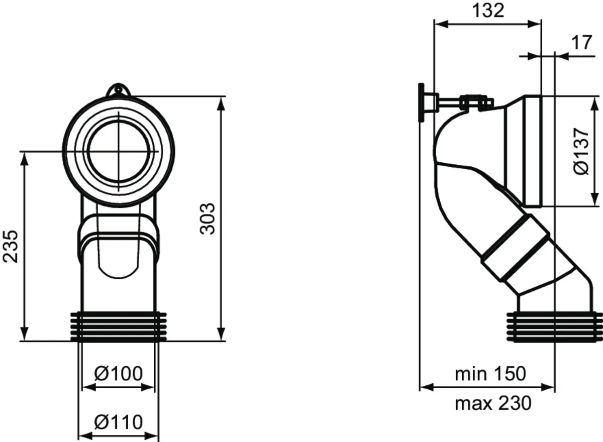 Ideal Standard Anschlussstutzen Abgang 90mm, Serienübergreifend, 132x315x290 mm