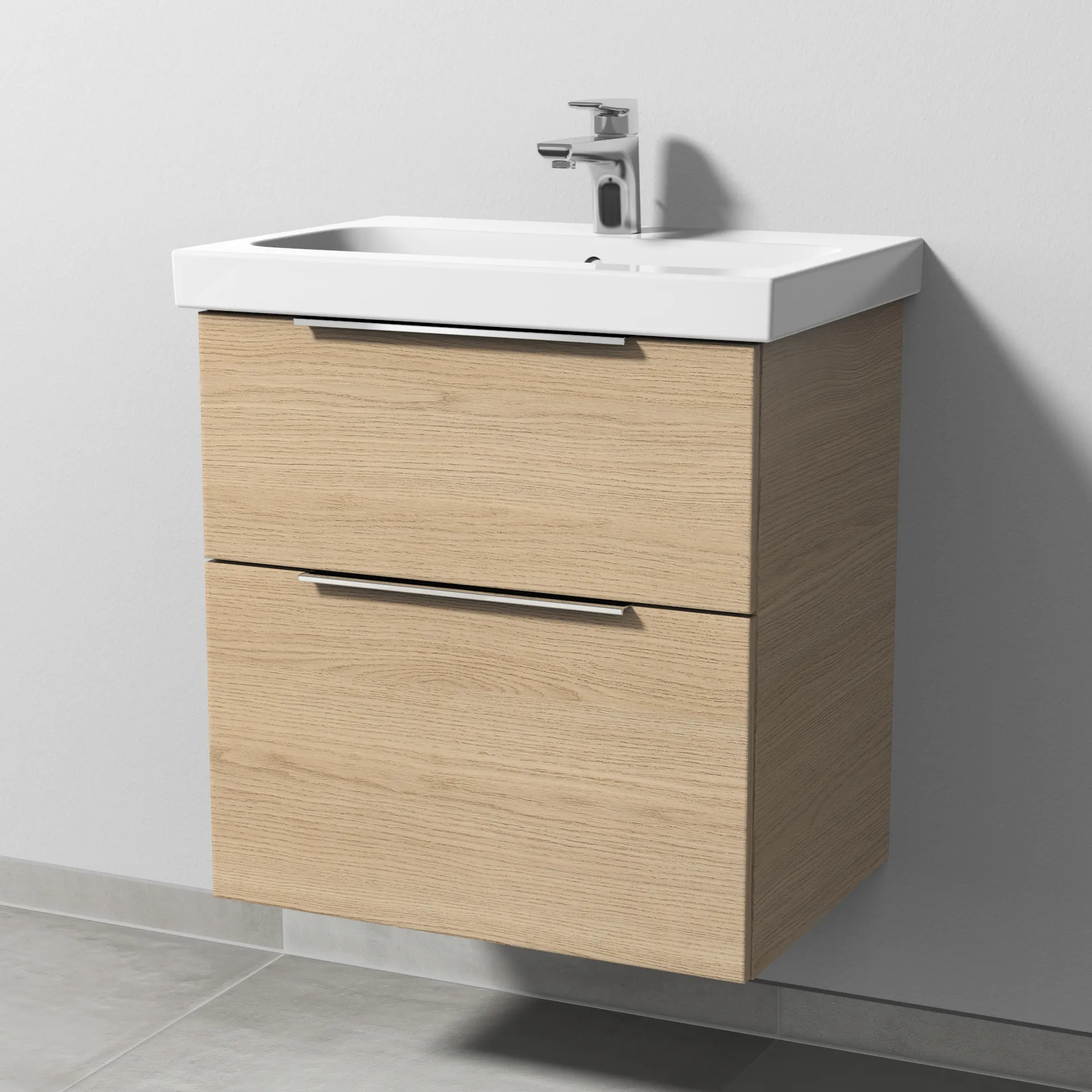 Sanipa Waschtischunterschrank „3way“ passend zu Keramik-Waschtische iCon Light von Geberit 560 × 591 × 407 mm in Eiche Nordic, Becken mittig, mit