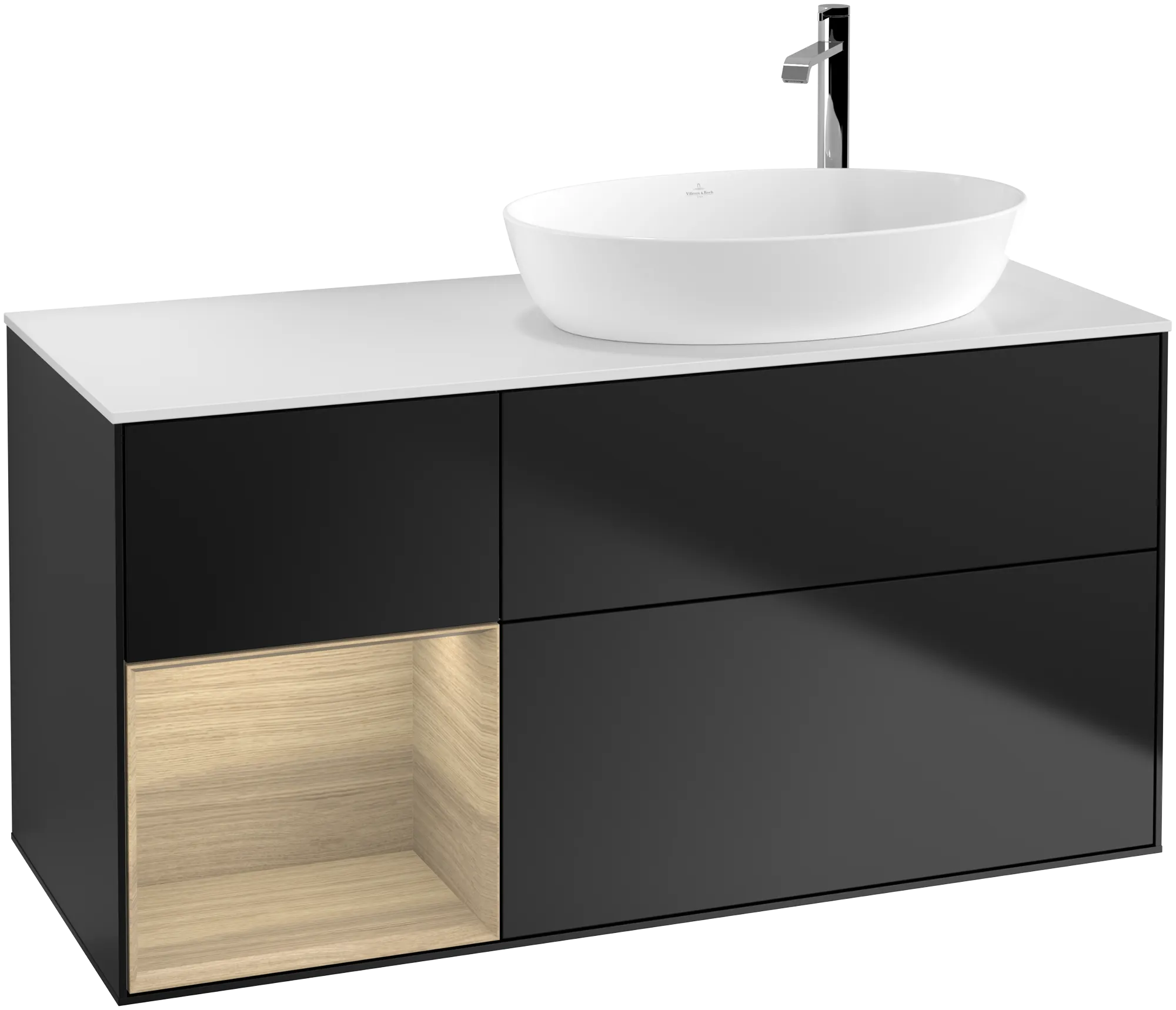 Villeroy & Boch Finion Waschbeckenunterschrank F92, 1200x603x501mm, Black Matt Lacquer / Oak Veneer / Glass White Matt