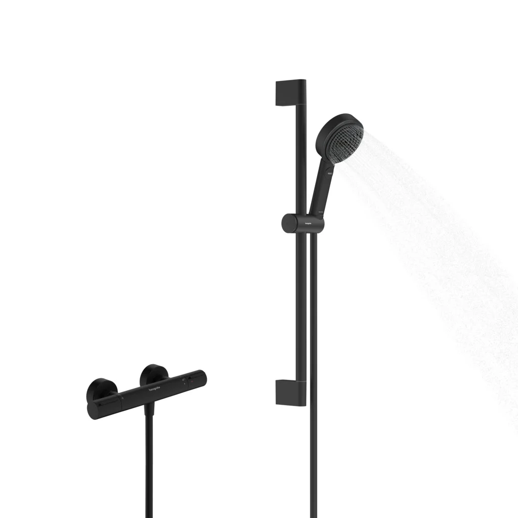 Hansgrohe Pulsify Select S Brausesystem 105 mm, 3 Strahlarten, EcoSmart mit Ecostat Element, mattschwarz, 65 cm Brausestange