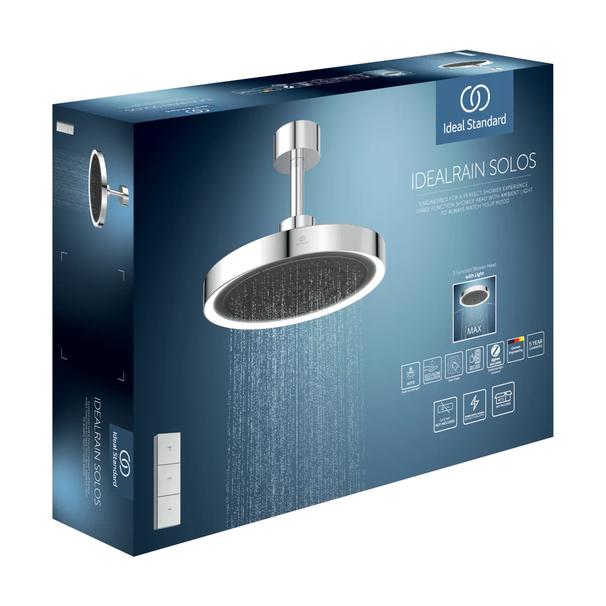 Regenbrause Idealrain Solos mit Deckenanschluss mit LED-Leuchtring mit Fernbedienung Chrom Regenbrause Idealrain Solos mit Deckenanschluss mit LED-Leuchtring mit Fernbedienung Chrom