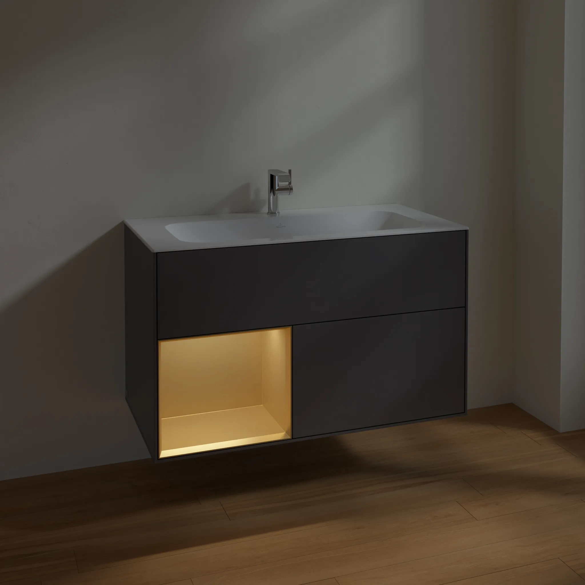 Villeroy & Boch Waschbeckenunterschrank Finion F03, Anthracite Matt Lacquer mit Gold Regal, 996x591x498 mm, mit Beleuchtung und Push-to-open Funktion
