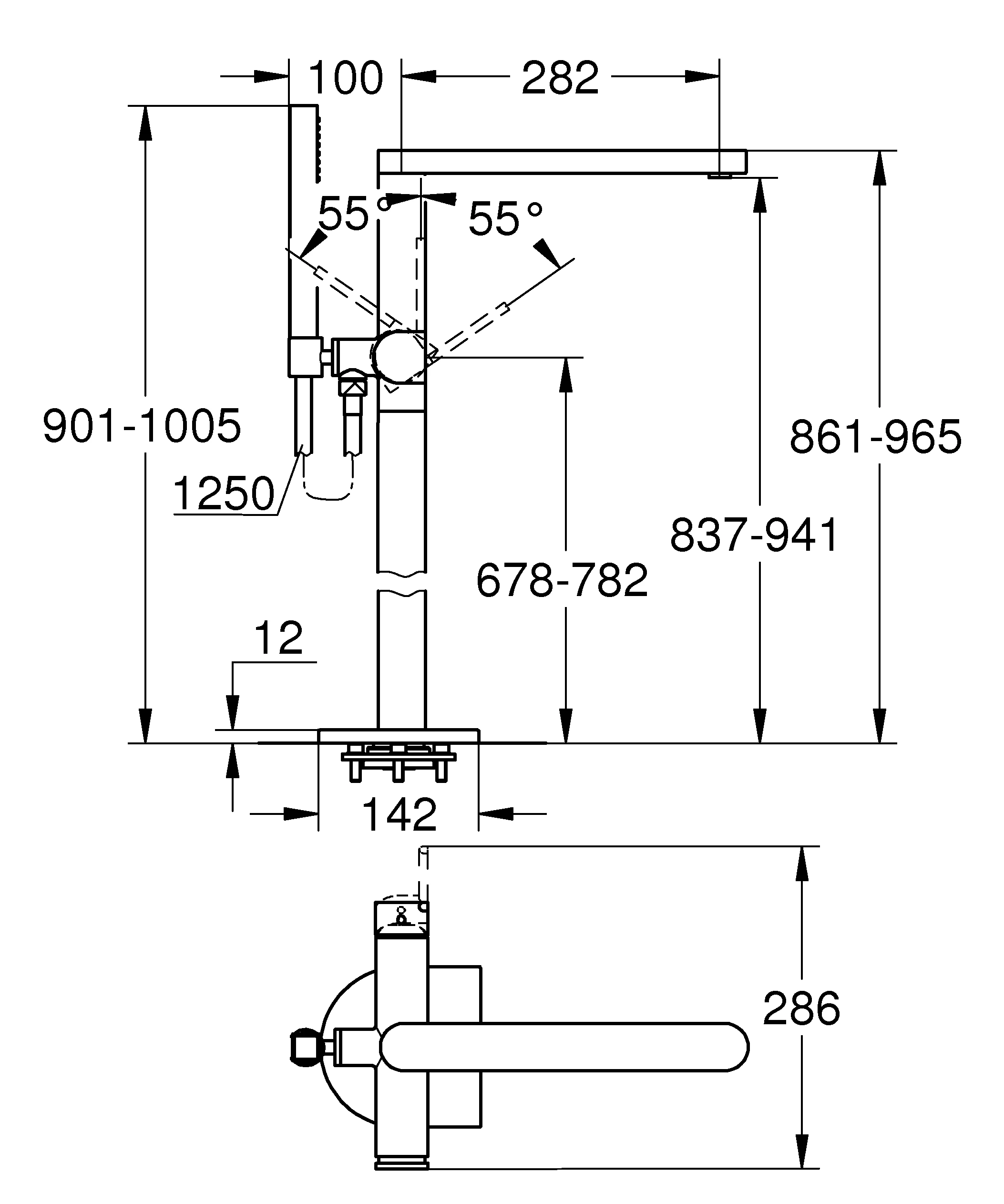 Einhand-Wannenbatterie Plus 23846_3, Bodenmontage, Fertigmontageset für 45984, mit Handbrauseset und Brauseschlauch, eigensicher, chrom