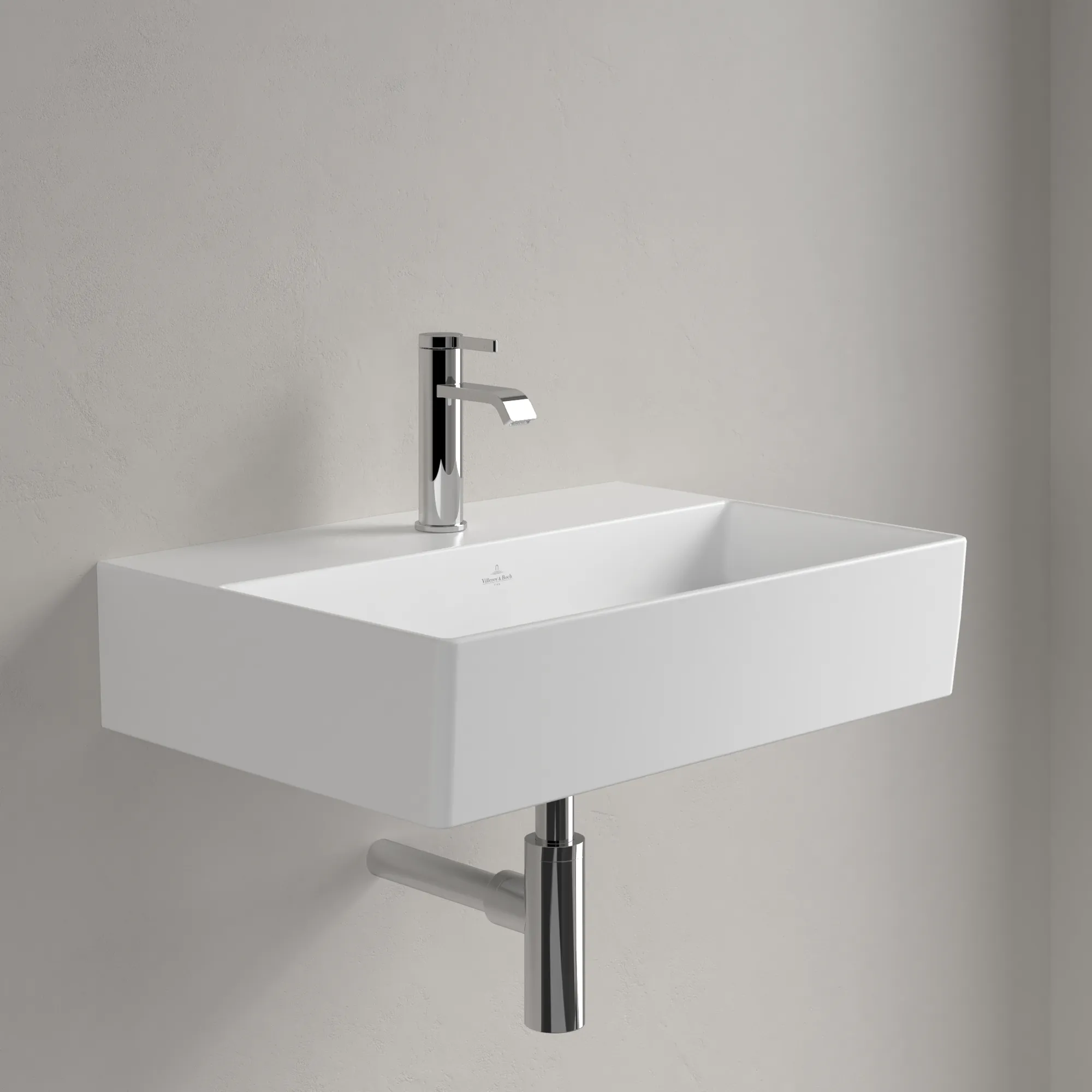 Villeroy & Boch Wandwaschtisch aus TitanCeram geschliffen „Memento 2.0“ 600 × 420 × 135 mm, mit Hahnlochbohrung, Hahnlochposition mittig in Stone White