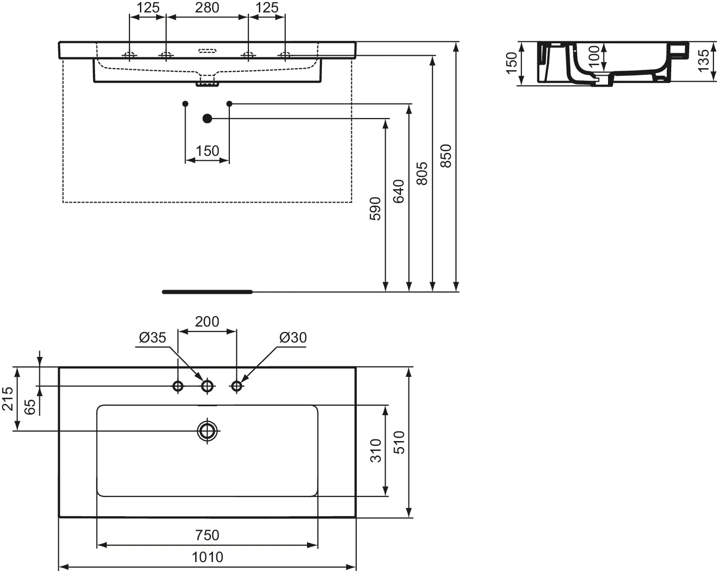 Waschbecken „Extra“ 101 × 51 × 15 cm, Hahnlochposition mittig in Weiß Waschbecken „Extra“ 101 × 51 × 15 cm, Hahnlochposition mittig in Weiß