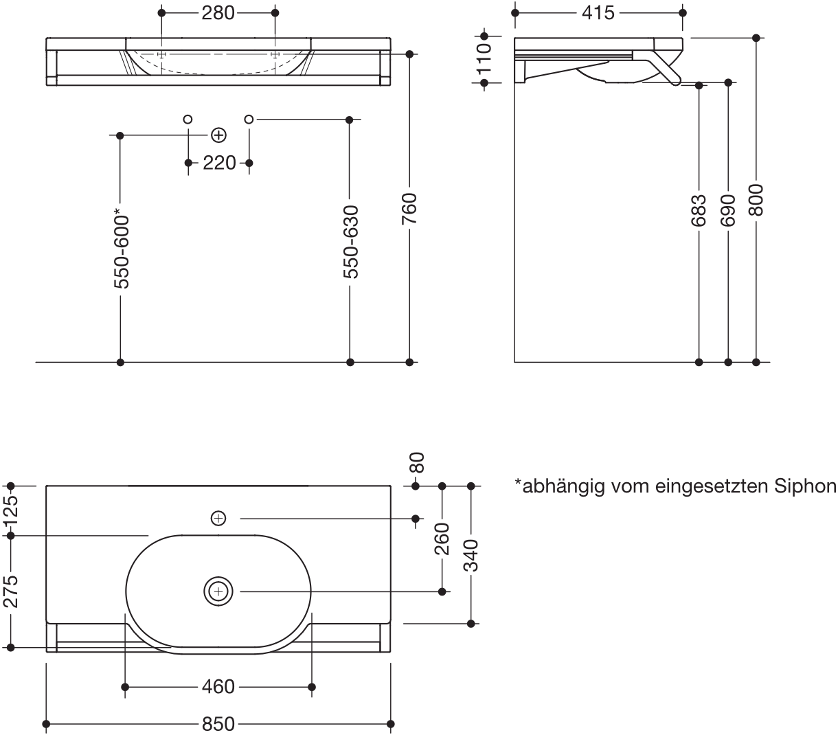 Wandwaschtisch 85 × 44,5 × 11 cm in Schwarz tiefmatt