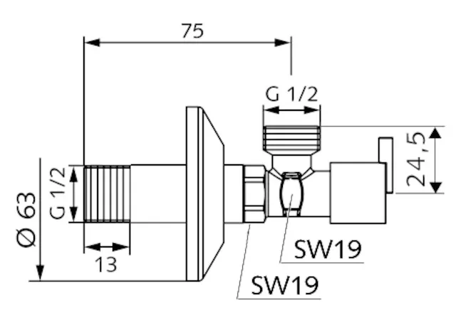 Eckventil mit Regulierfunktion PINT, Design-Griff, Schubrosette Ø 63 mm, DN 15 G 1/2 AG, DN 15 G 1/2 AG, chrom