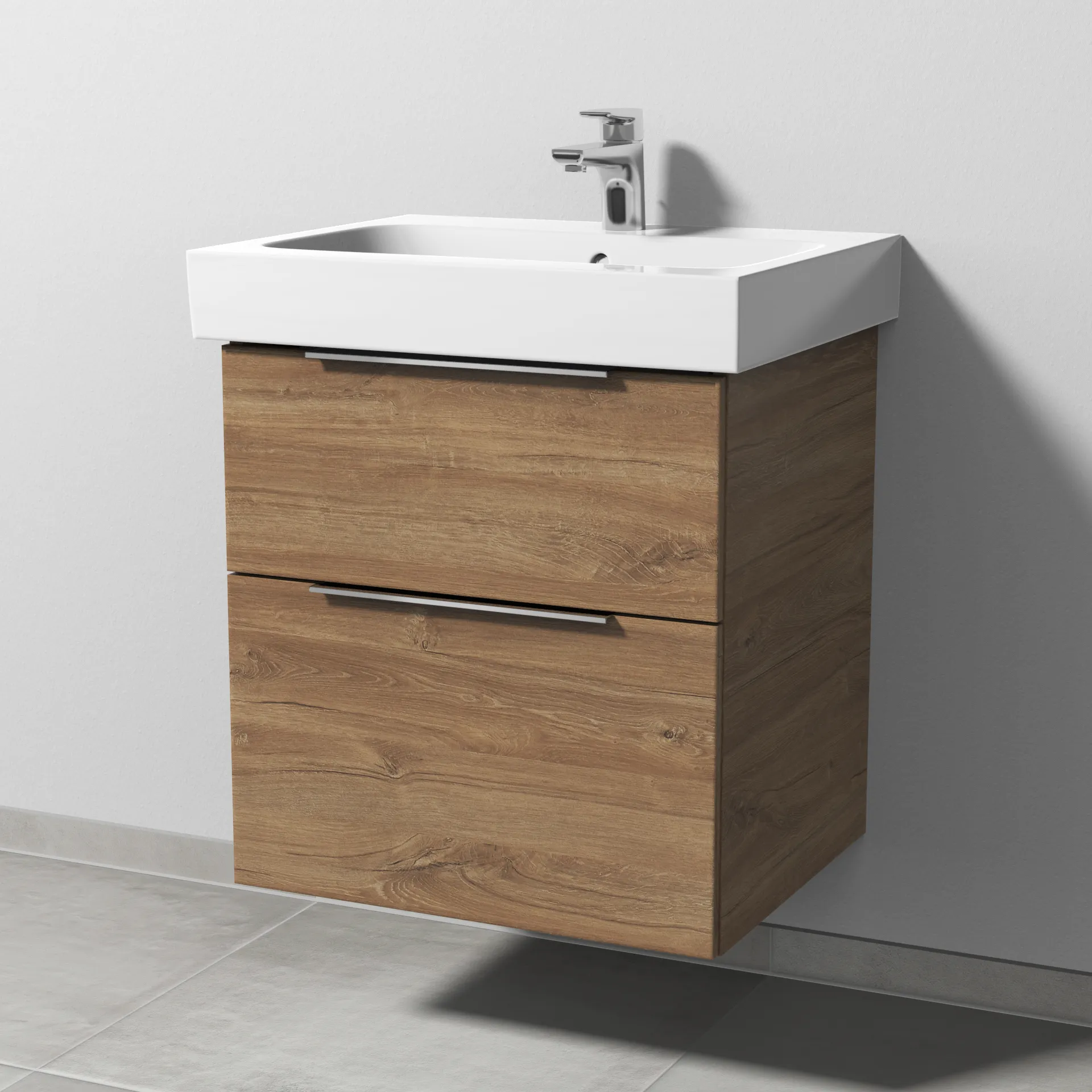 Sanipa Waschtischunterschrank „3way“ passend zu Keramik-Waschtische iCon von Geberit 550 × 593 × 462 mm in Eiche Kansas, Becken mittig