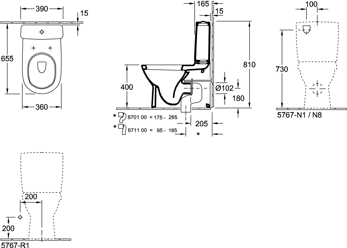 Tiefspül-WC für Kombination O.novo 565810, 360 x 640 x 400 mm, Oval, bodenstehend, Abgang waagerecht, Weiß Alpin
