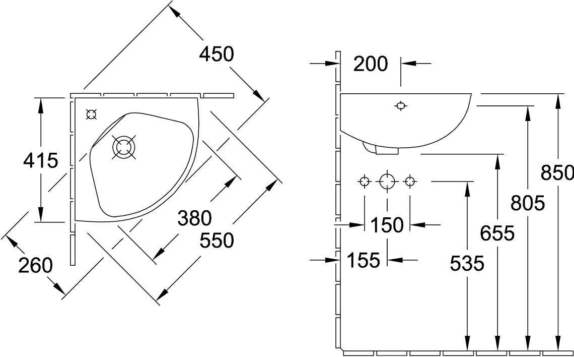 Villeroy & Boch Eck-Handwaschbecken „O.novo“ Compact 415 × 415 × 195 mm, mit Hahnlochbohrung, Hahnlochposition mittig in Weiß Alpin Villeroy & Boch Eck-Handwaschbecken „O.novo“ Compact 415 × 415 × 195 mm, mit Hahnlochbohrung, Hahnlochposition mittig in Weiß Alpin