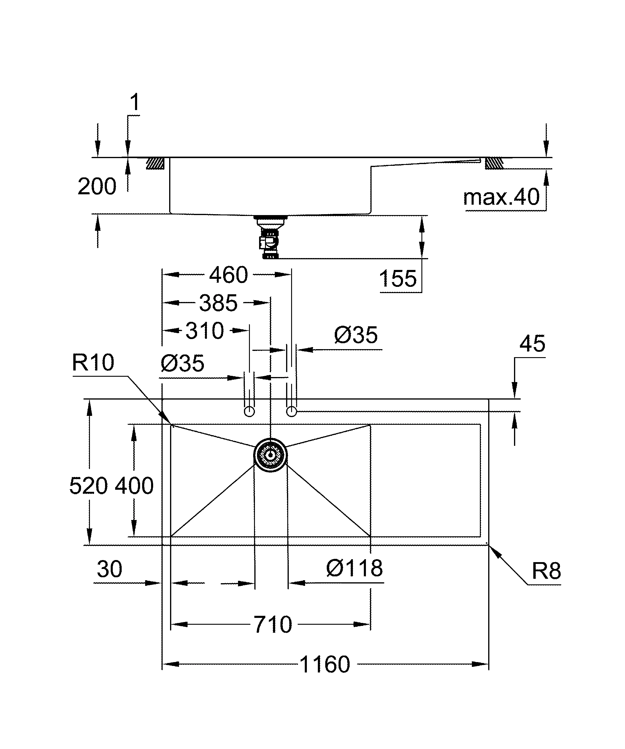 Edelstahlspüle K1000 31581_1, mit Abtropffläche, Modell: K1000 80-S 116/52 1.0 lh, Montageart: aufliegend oder flächenbündig, Maße: 1160 x 520 mm, 1 Becken: 710 x 400 mm, links einbaubar, edelstahl