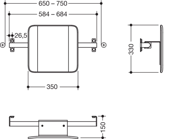 Rückenst., Sys 900 f. SK-Griff (B) T:150, chrom signalweiß