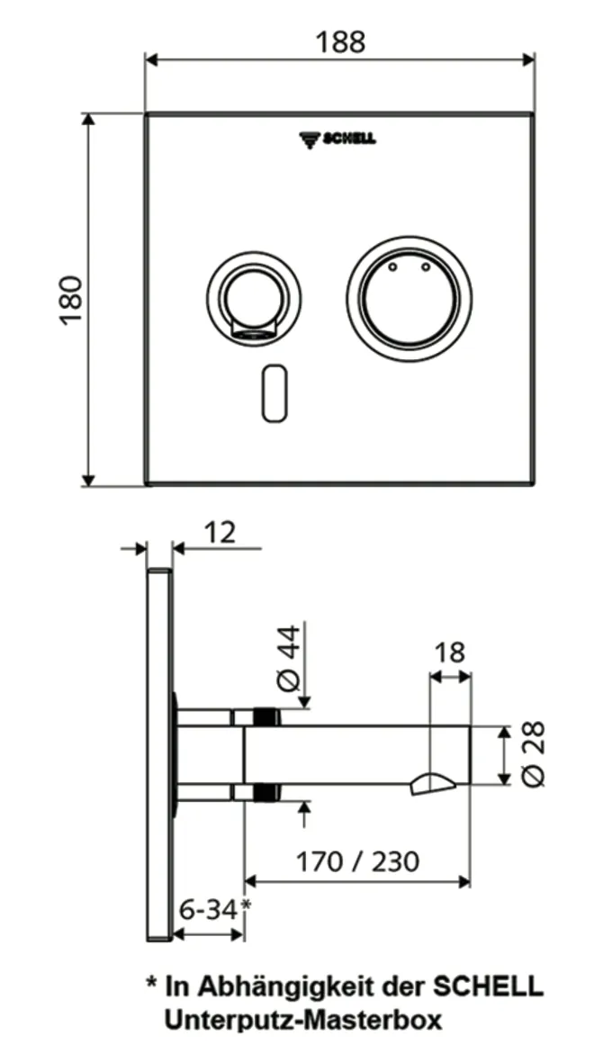 Unterputz-Waschtisch-Armatur LINUS W-E-M, Mischwasser, Infrarot, Unterputznetzteil 9 VDC, 100 - 240 VAC, 50 - 60 Hz, Wandauslauf mit Strahlregler (diebstahlsicher), Auslauf 170 mm, Frontplatte chrom