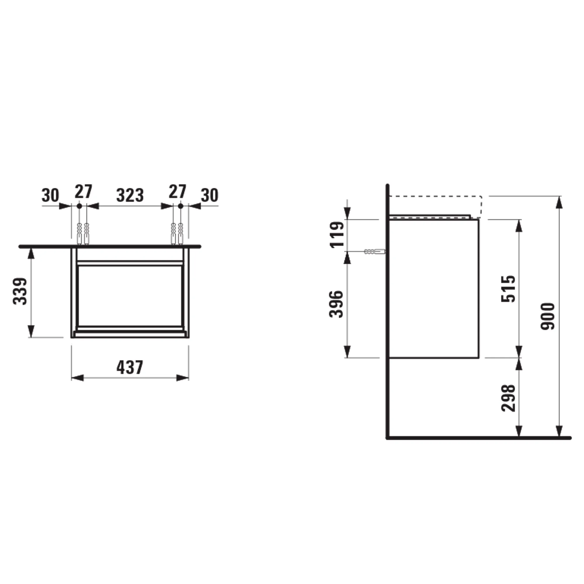 Waschtischunterbau, MEDA, 339x437x515, 1 Tür Scharnier links, integrierte Griffleiste, Soft-Close, 1 Glasablage (fix), für Handwaschbecken MEDA H815111 (45 cm), weiß matt