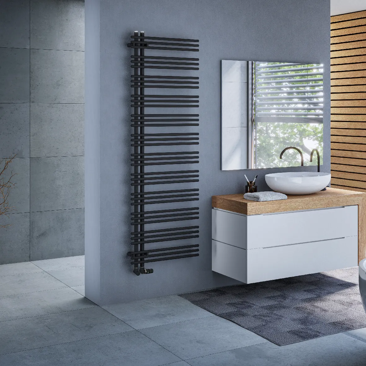 Zehnder Design-Heizkörper „Yucca Asym“ für Warmwasser-Zentralheizung oder gemischten Betrieb mit 50 mm-Seitenanschluss 57,8 × 173,6 cm in Concrete Grey