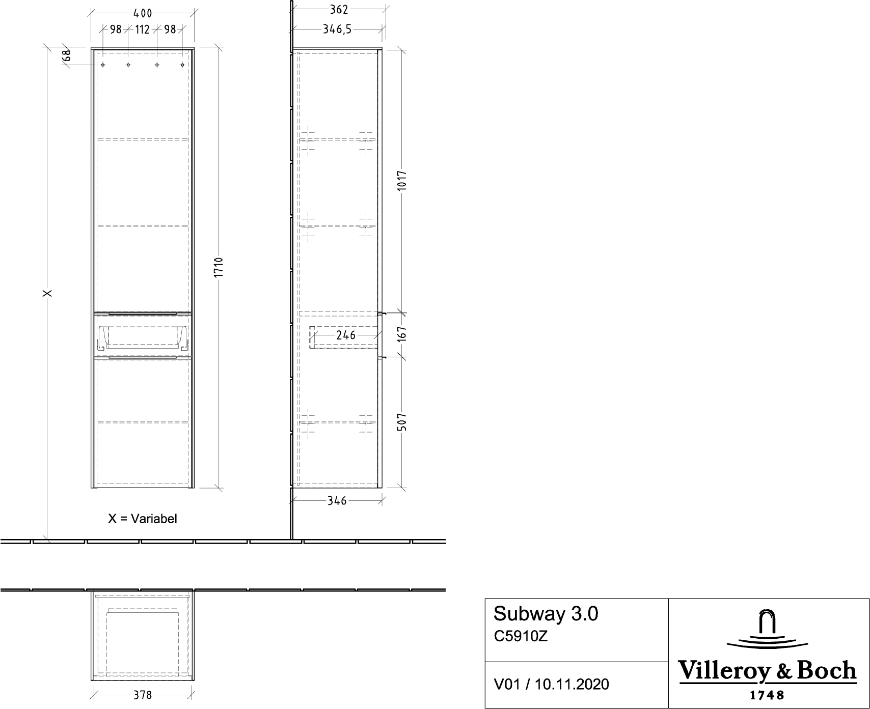 Villeroy & Boch Hochschrank Subway 3.0 C59102, 400 x 1710 x 362 mm, rechts ansetzbar