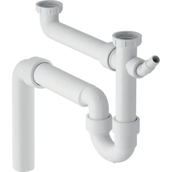 Rohrbogengeruchsverschluss für zwei Spülbecken, mit Winkelschlauchtülle, Abgang vertikal: d=50mm, G=1 1/2″, weiß-alpin Rohrbogengeruchsverschluss für zwei Spülbecken, mit Winkelschlauchtülle, Abgang vertikal: d=50mm, G=1 1/2″, weiß-alpin